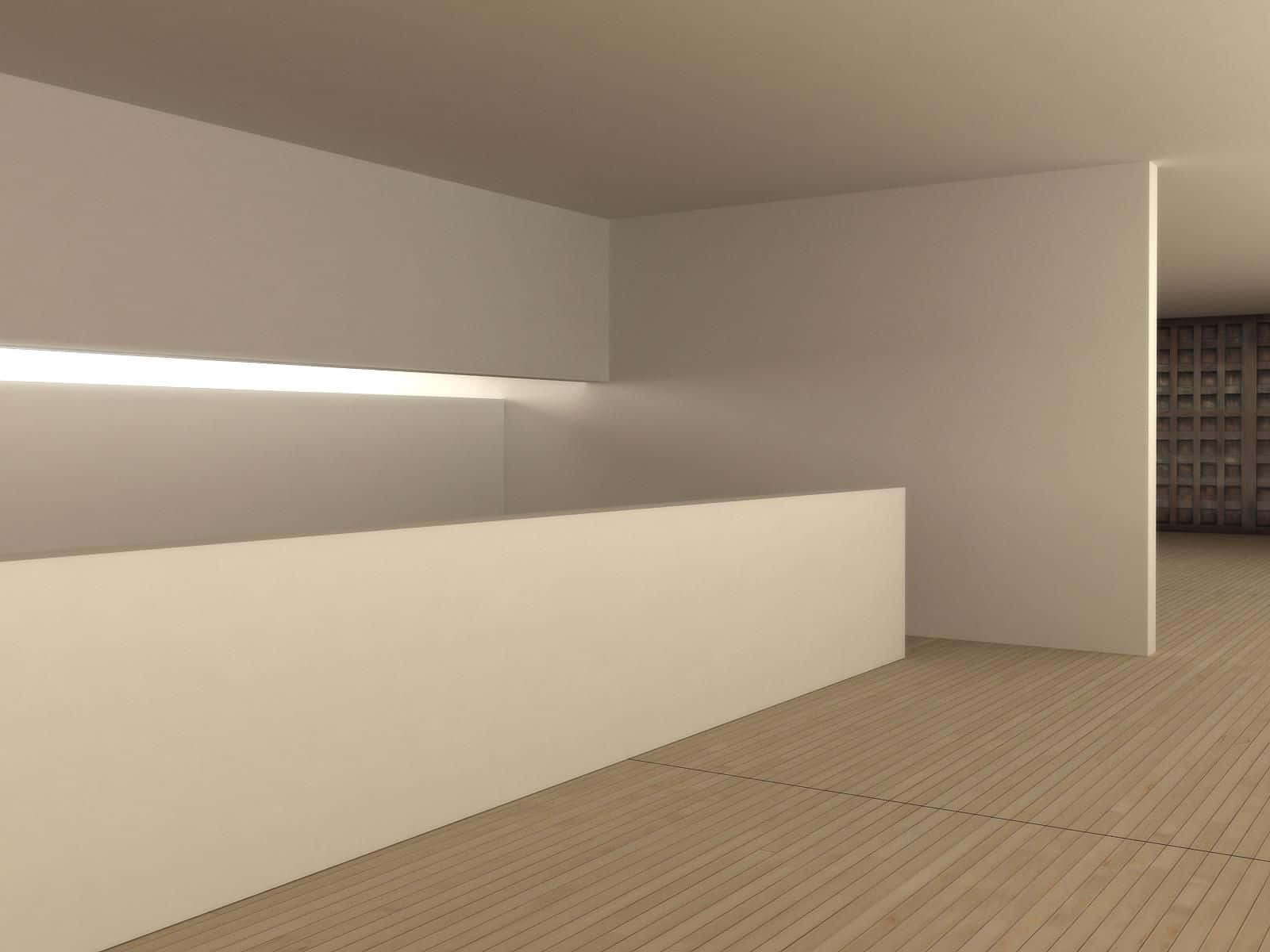 A White Room With A Wooden Floor And A Light