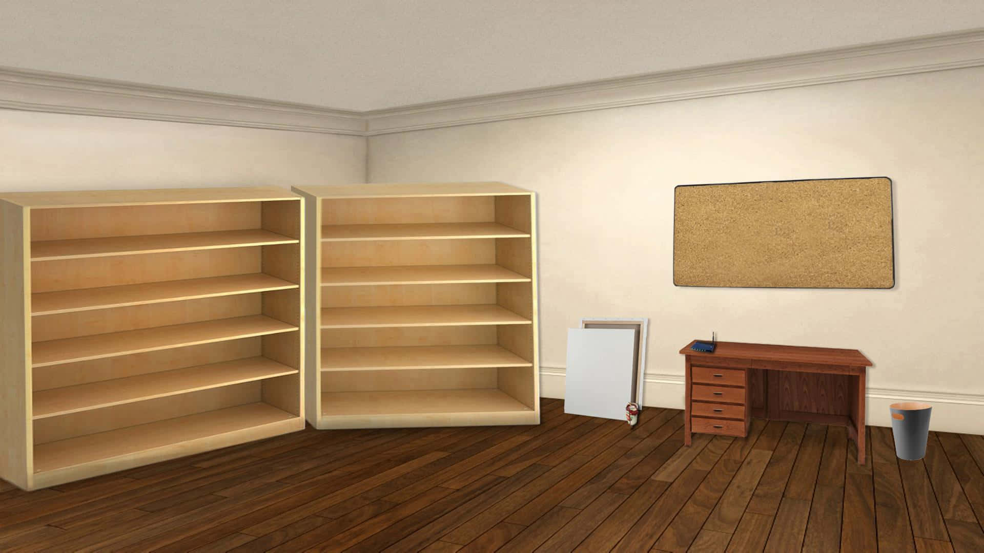 A Room With A Desk And Bookshelves