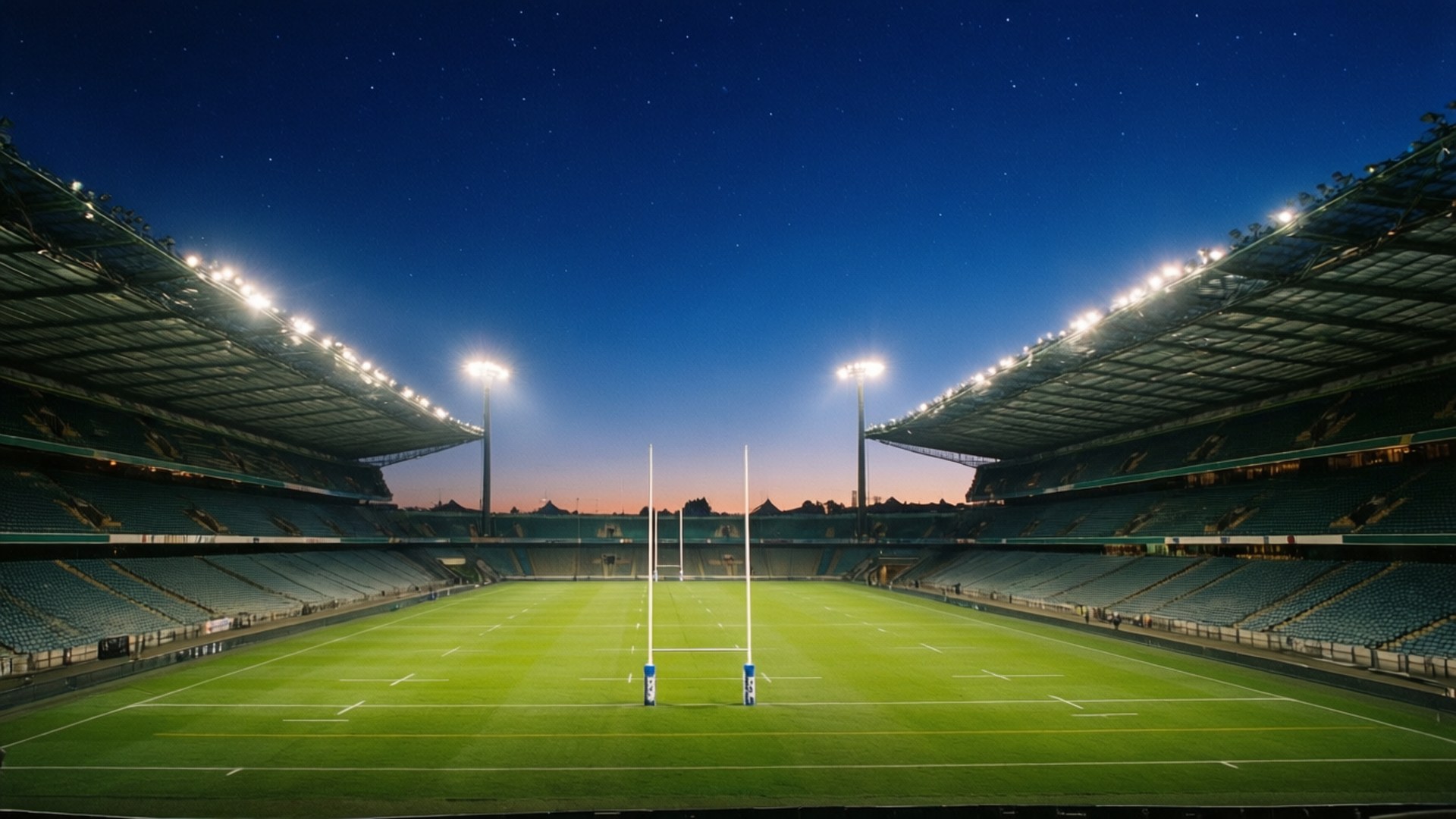 An empty rugby stadium at night with bright lights and starry sky — Rugby Picture