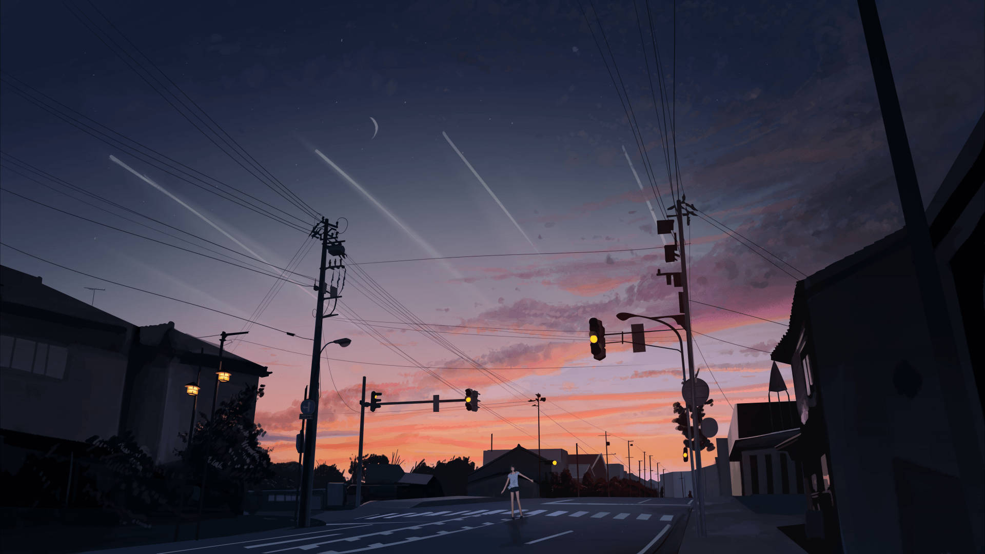 Estéticade Una Calle Vacía Con Paisaje De Anime. Fondo de pantalla
