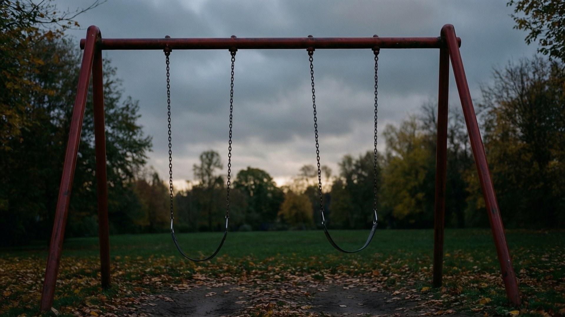En ensom huske som beveger seg i en tom lekeplass, vekker tap og barndomsmelankoli