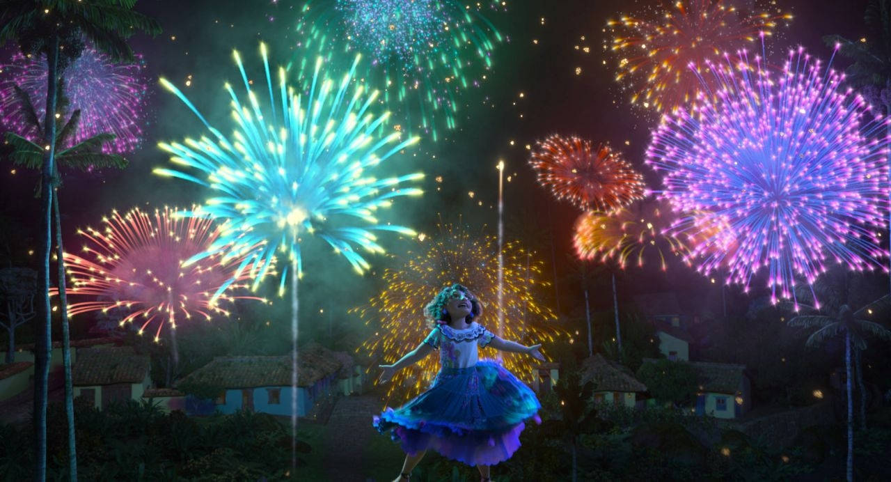 A Girl In A Blue Dress Is Flying In The Air With Fireworks Wallpaper
