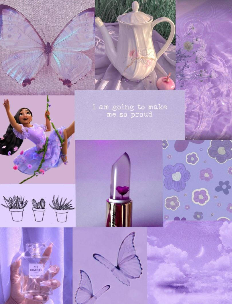 En collage af lilla sommerfugle, blomster og andre ting Wallpaper