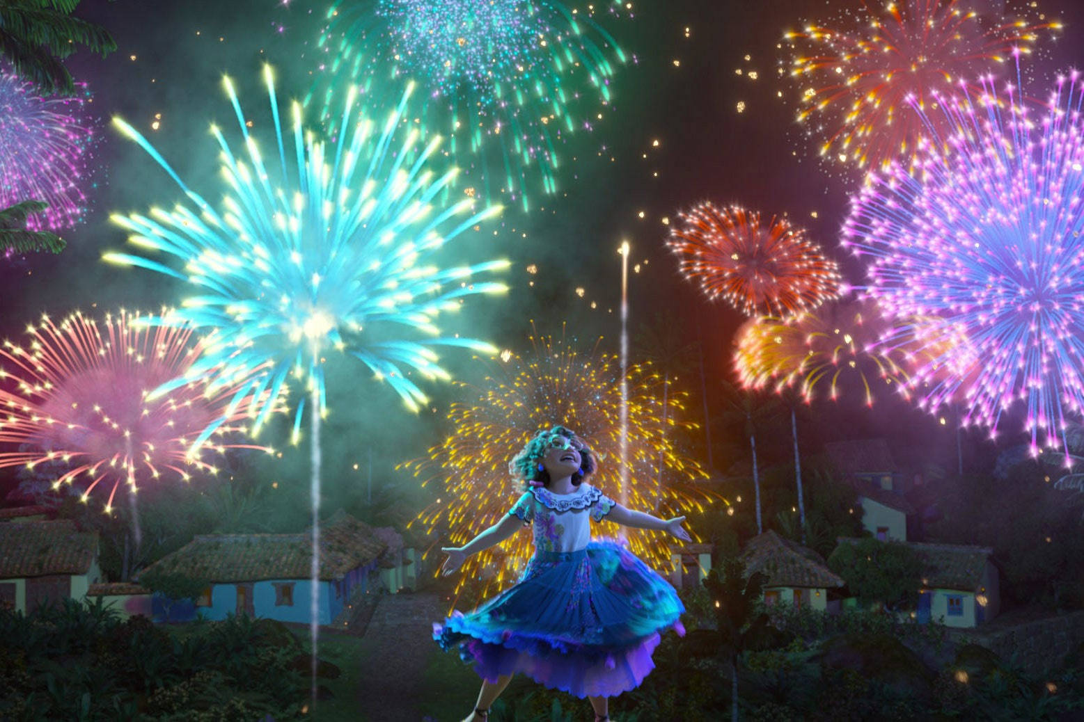A Girl In A Blue Dress Is Dancing In Front Of Fireworks Wallpaper