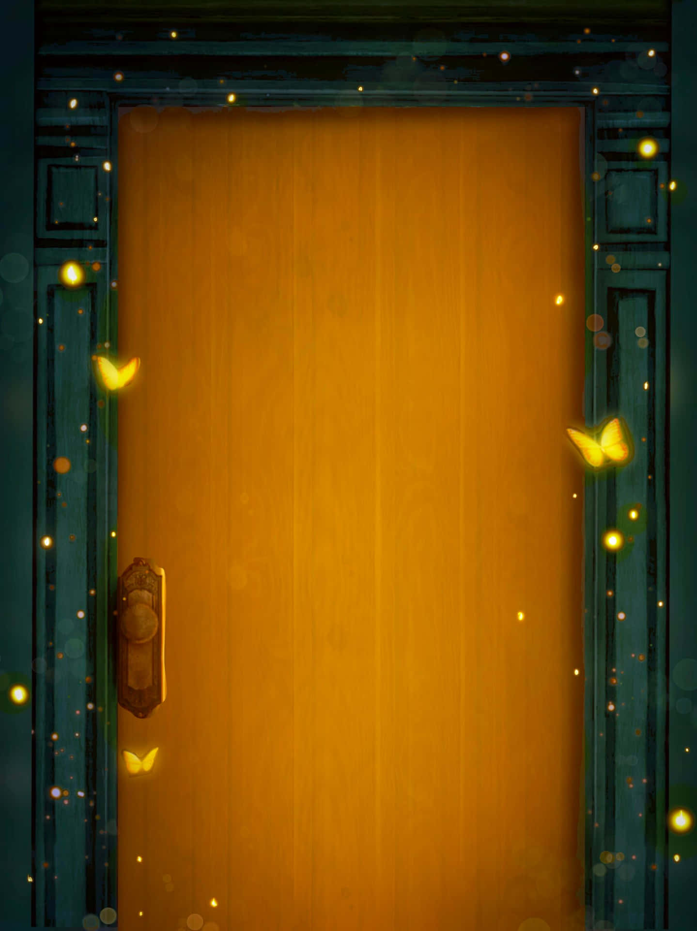 A Door With Butterflies Flying Around It