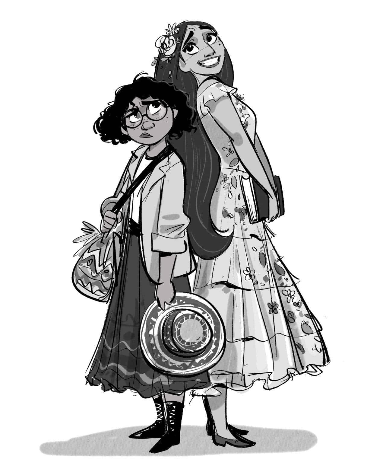 Et sort og hvidt tegning af to kvinder i kjoler. Wallpaper