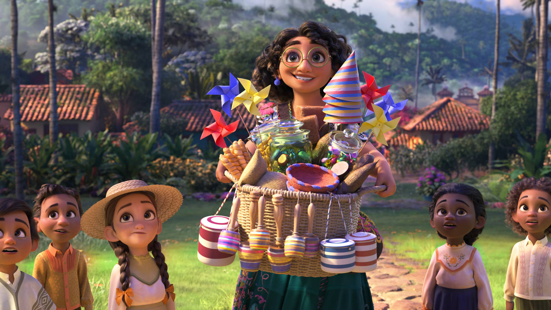 Mirabel Madrigal from Encanto animated movie, carrying gifts with joy. Wallpaper