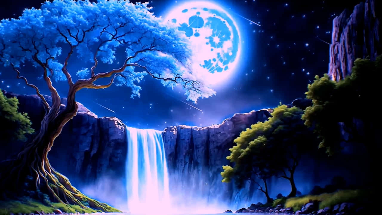 Enchanted_ Blue_ Moon_ Waterfall Wallpaper