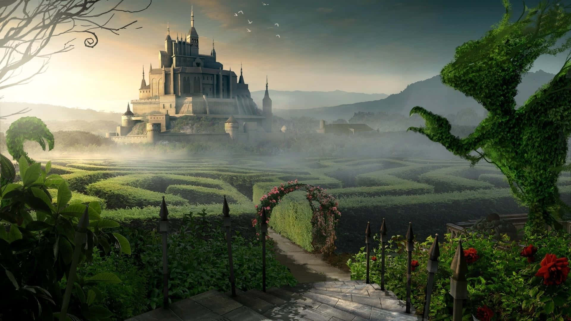 Download Enchanted_ Castle_ Garden_ View.jpg Wallpaper | Wallpapers.com