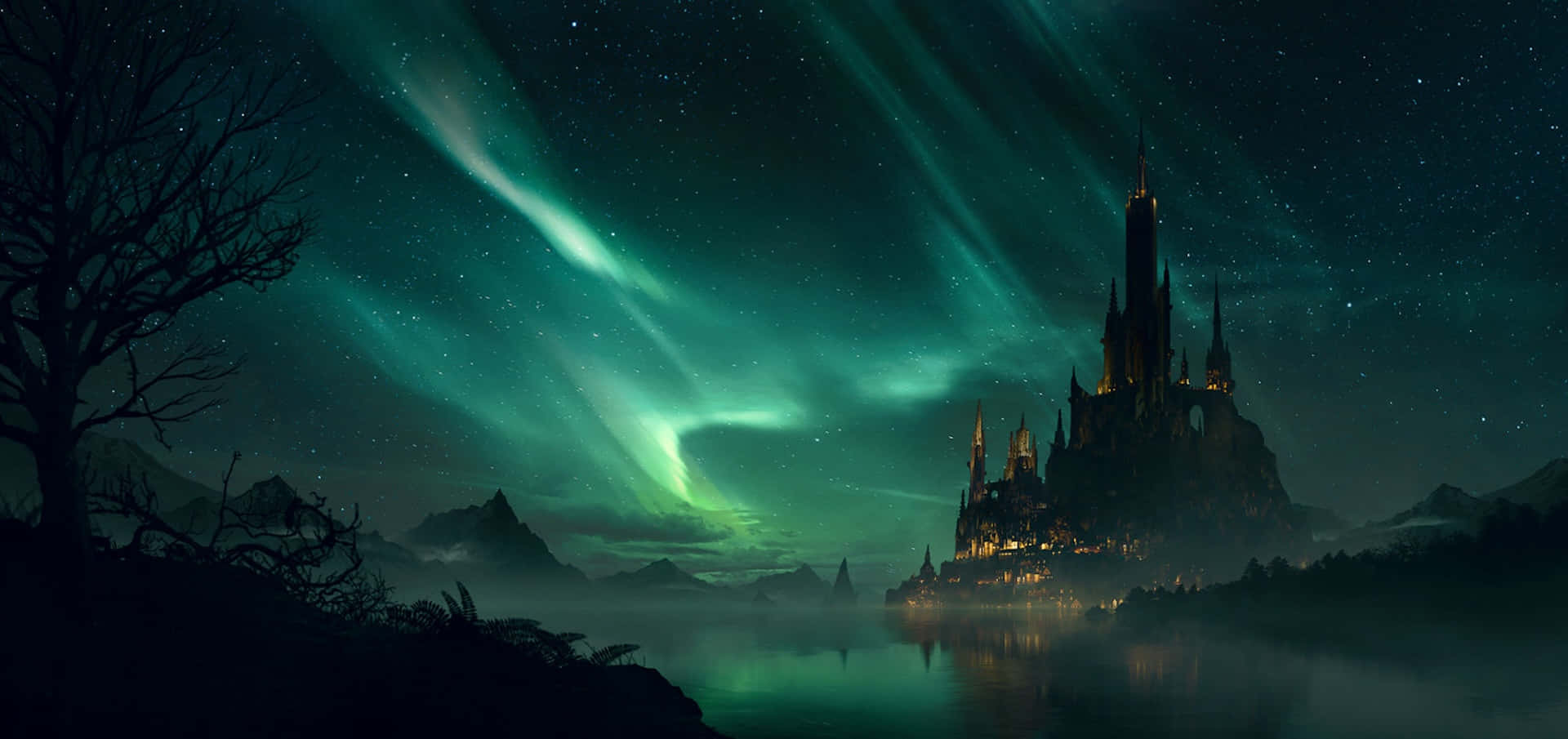 Enchanted_ Castle_ Under_ Northern_ Lights Wallpaper