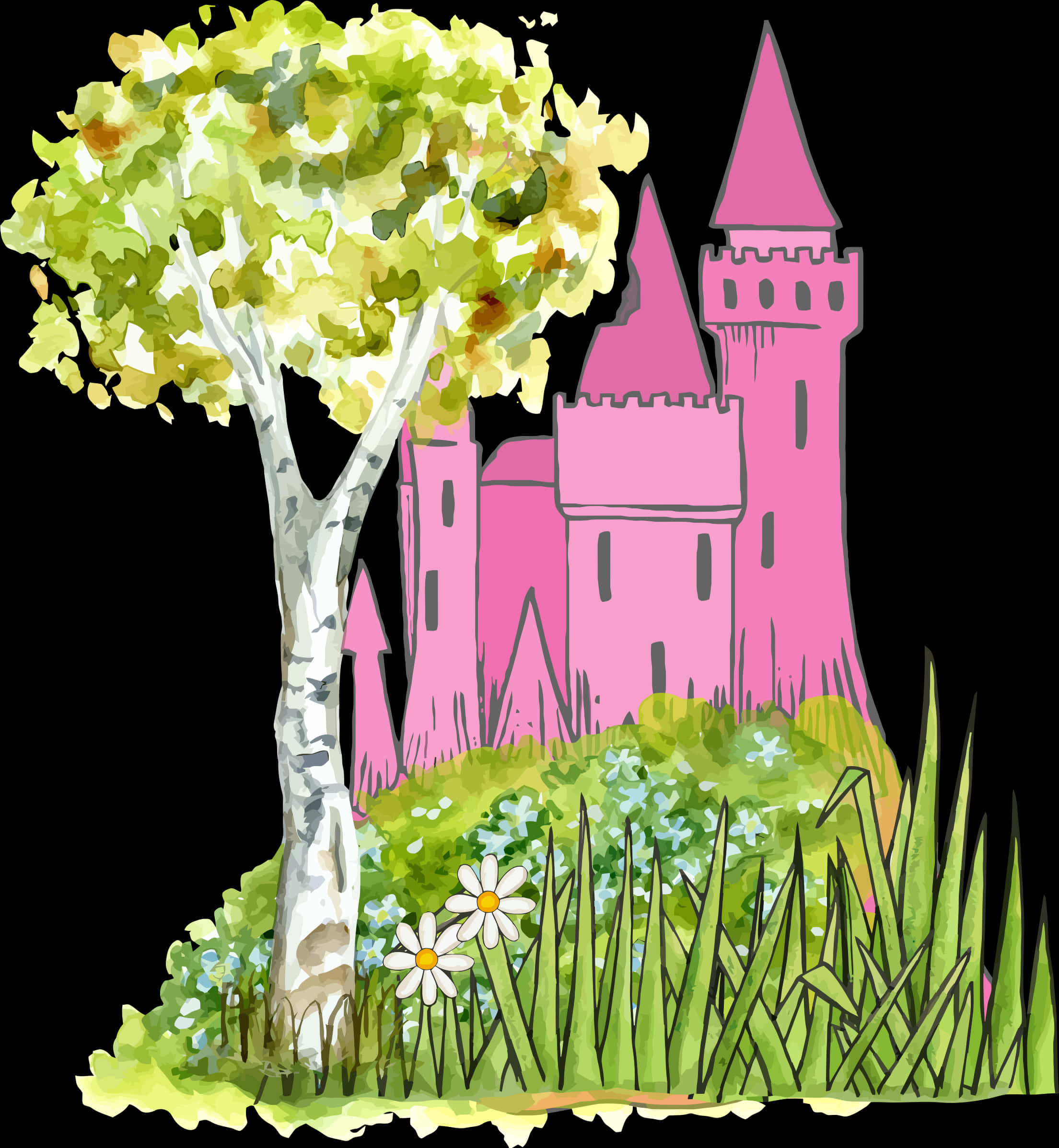 Enchanted Castle Watercolor Illustration PNG