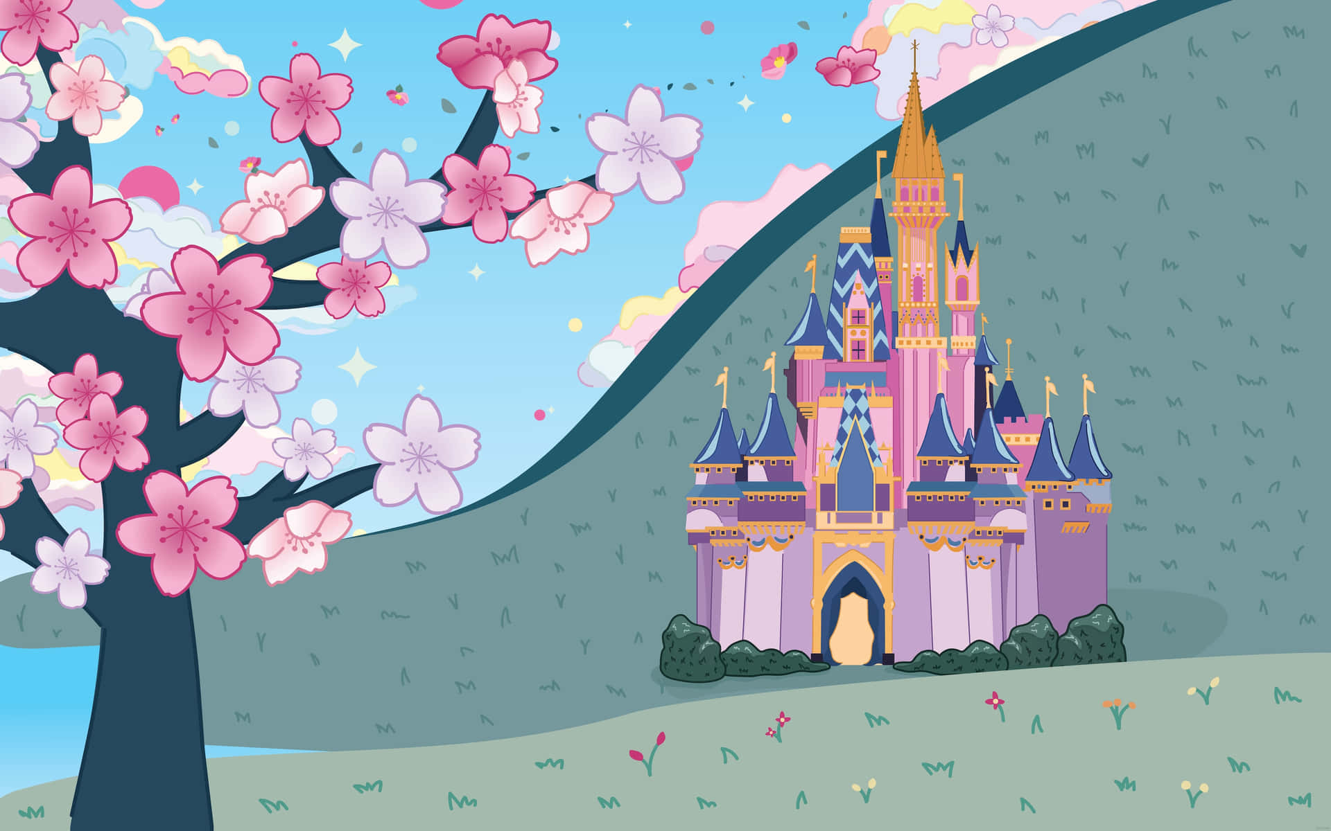 Enchanted_ Castle_with_ Cherry_ Blossoms Wallpaper