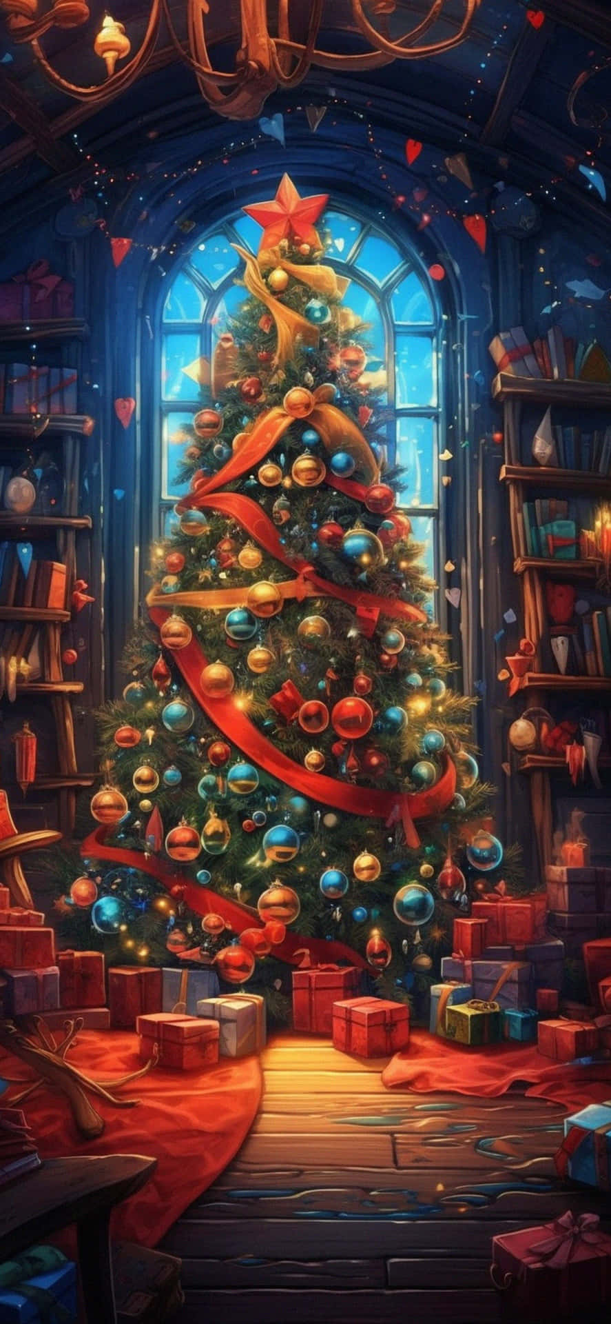Enchanted_ Christmas_ Library Wallpaper