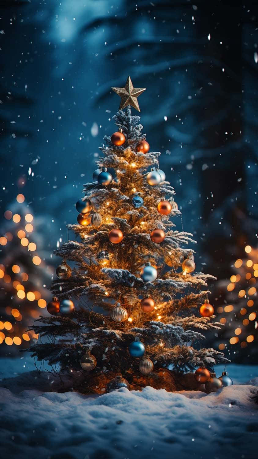 Enchanted Christmas Tree Night Snowfall Wallpaper