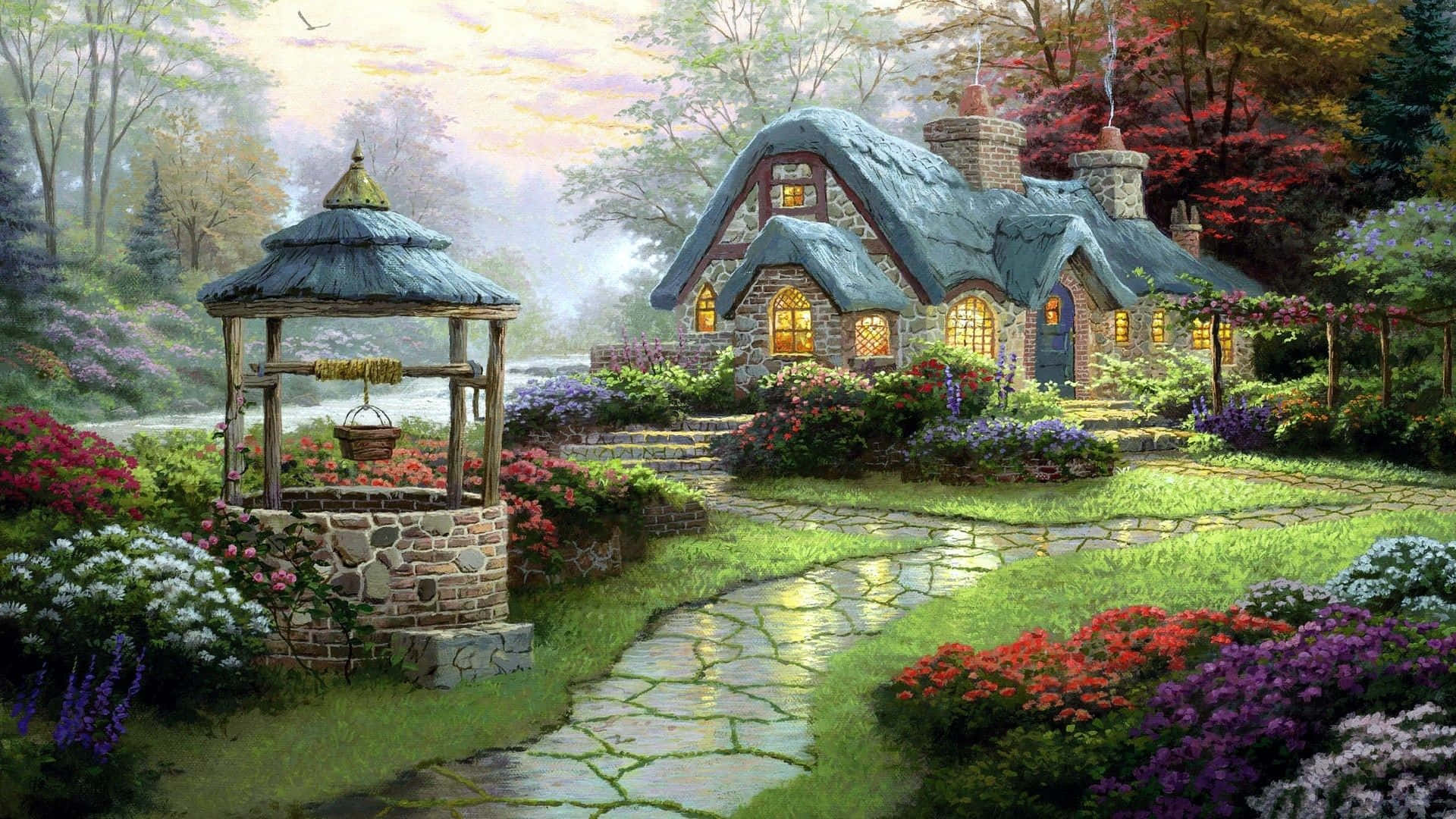 Enchanted_ Cottage_ Garden_ Sunset Wallpaper