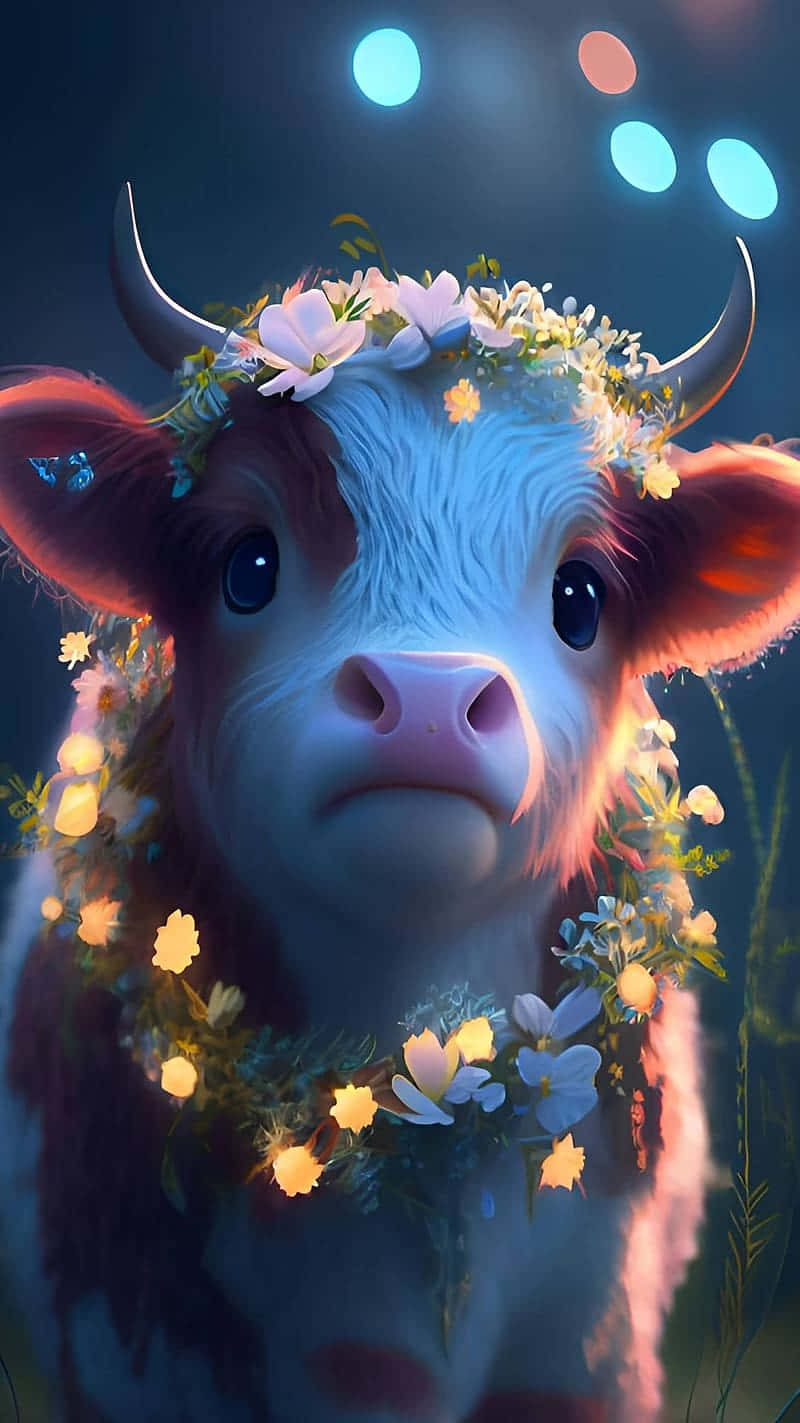 Enchanted Floral Crown Baby Cow Wallpaper