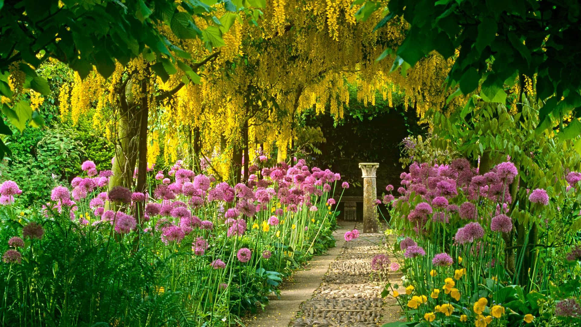 Enchanted Floral Walkway Garden Wallpaper