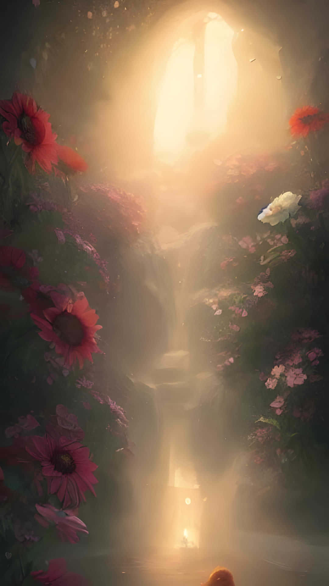 Enchanted_ Flower_ Pathway_ Sunbeam Wallpaper