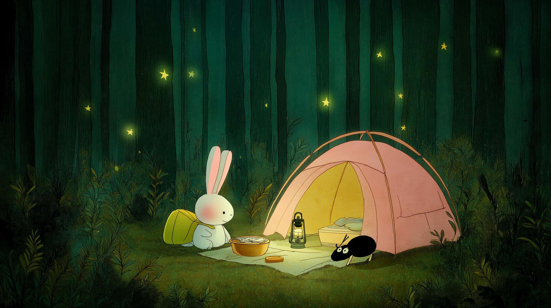 Enchanted Forest Camping: Curious Rabbit And Fireflies At Night Wallpaper