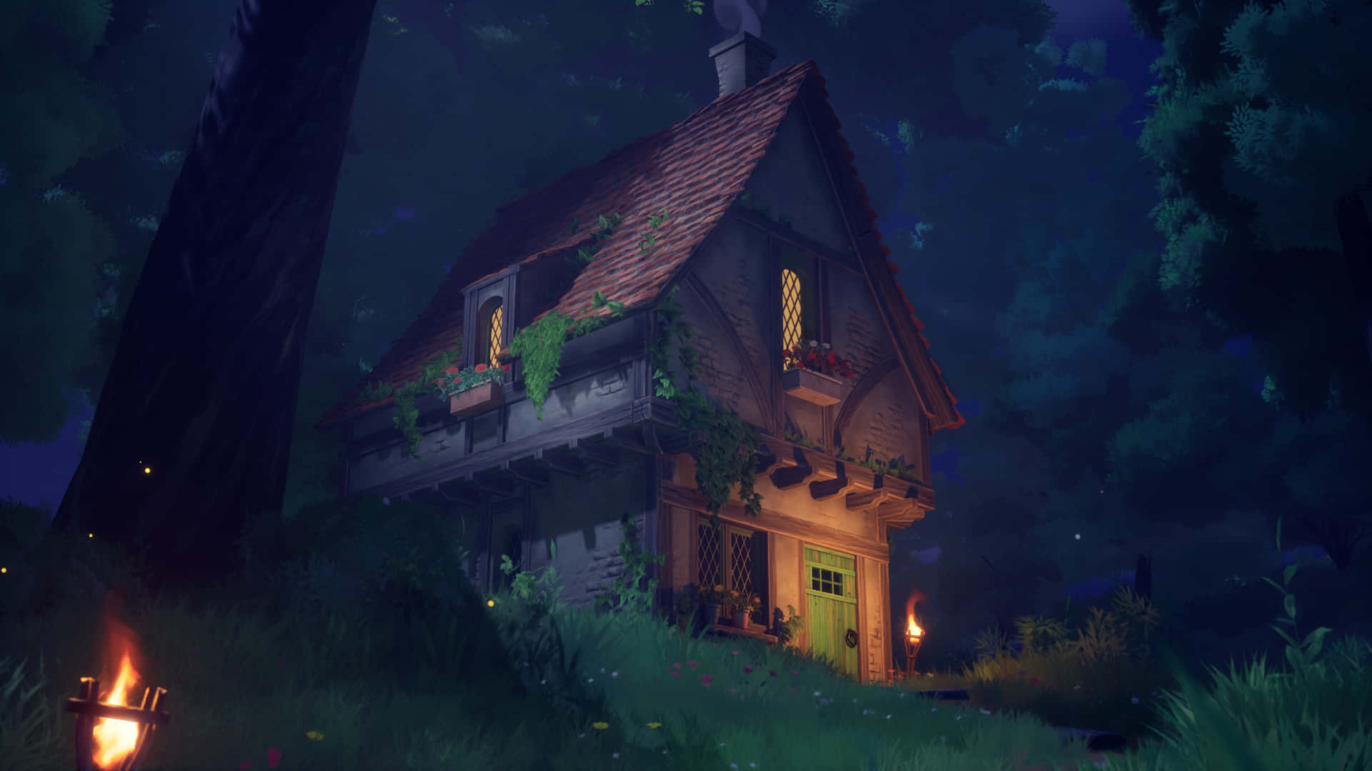 Enchanted Forest Cottage Night Wallpaper
