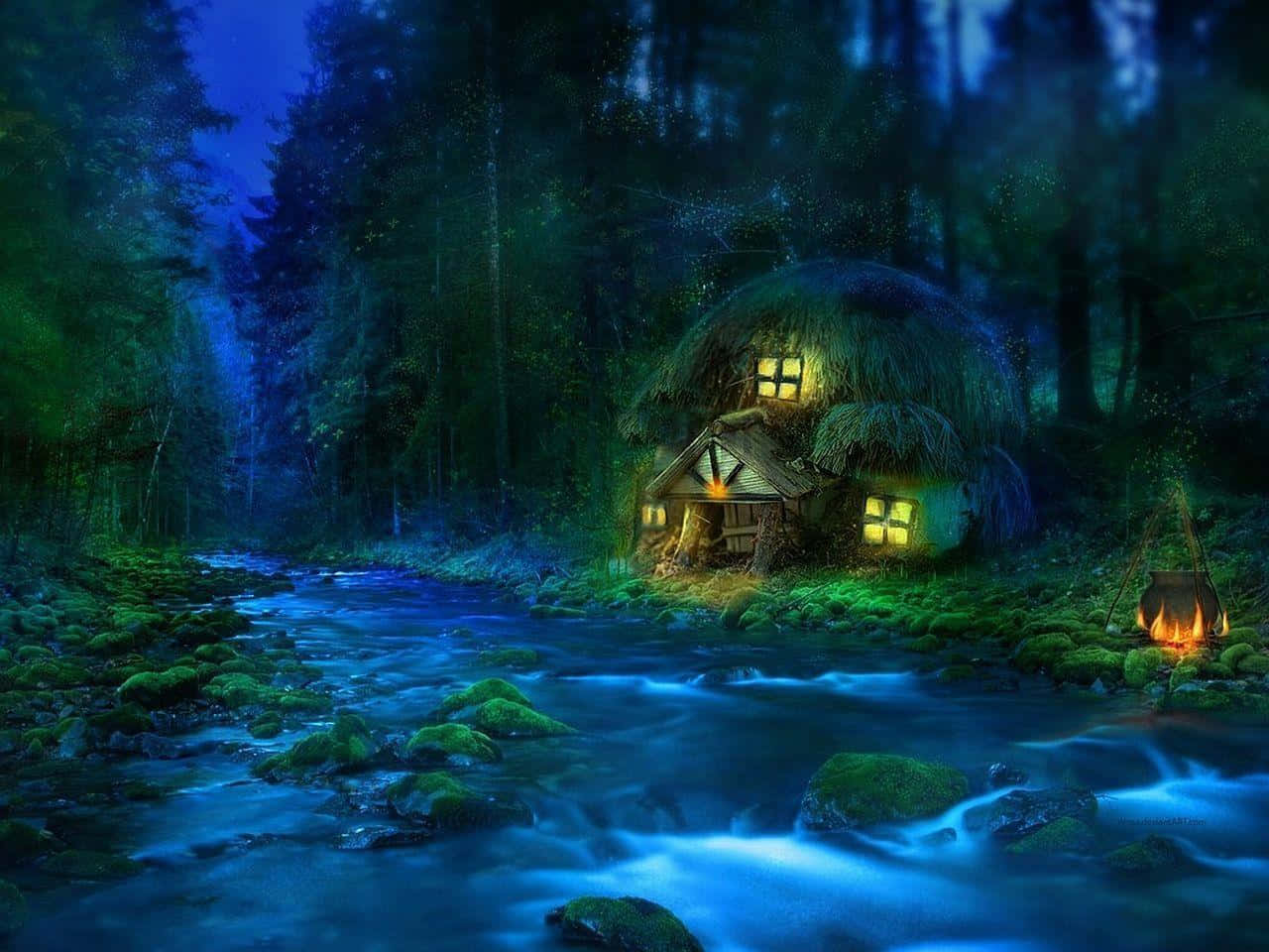 Enchanted_ Forest_ Cottage_ Night_ Scene.jpg Wallpaper