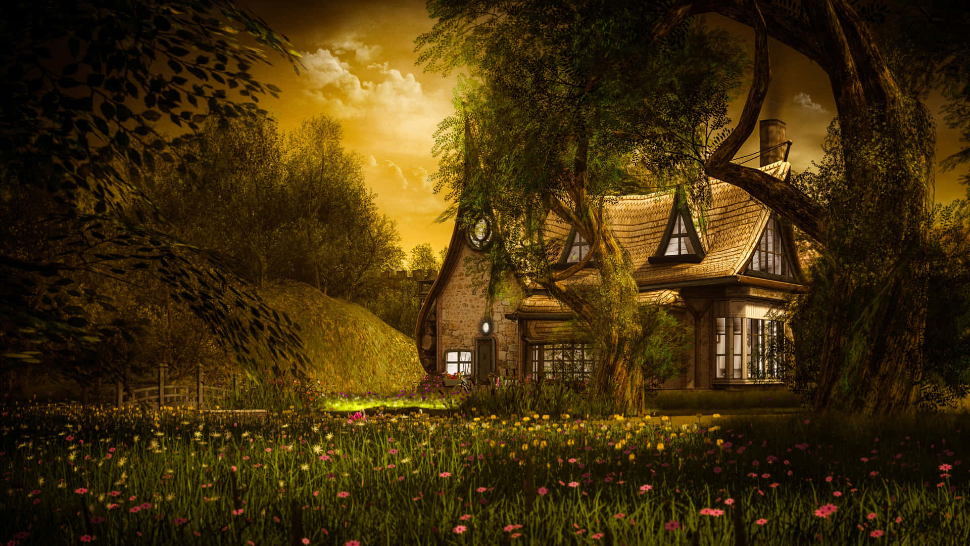Enchanted Forest Cottage Sunset Wallpaper