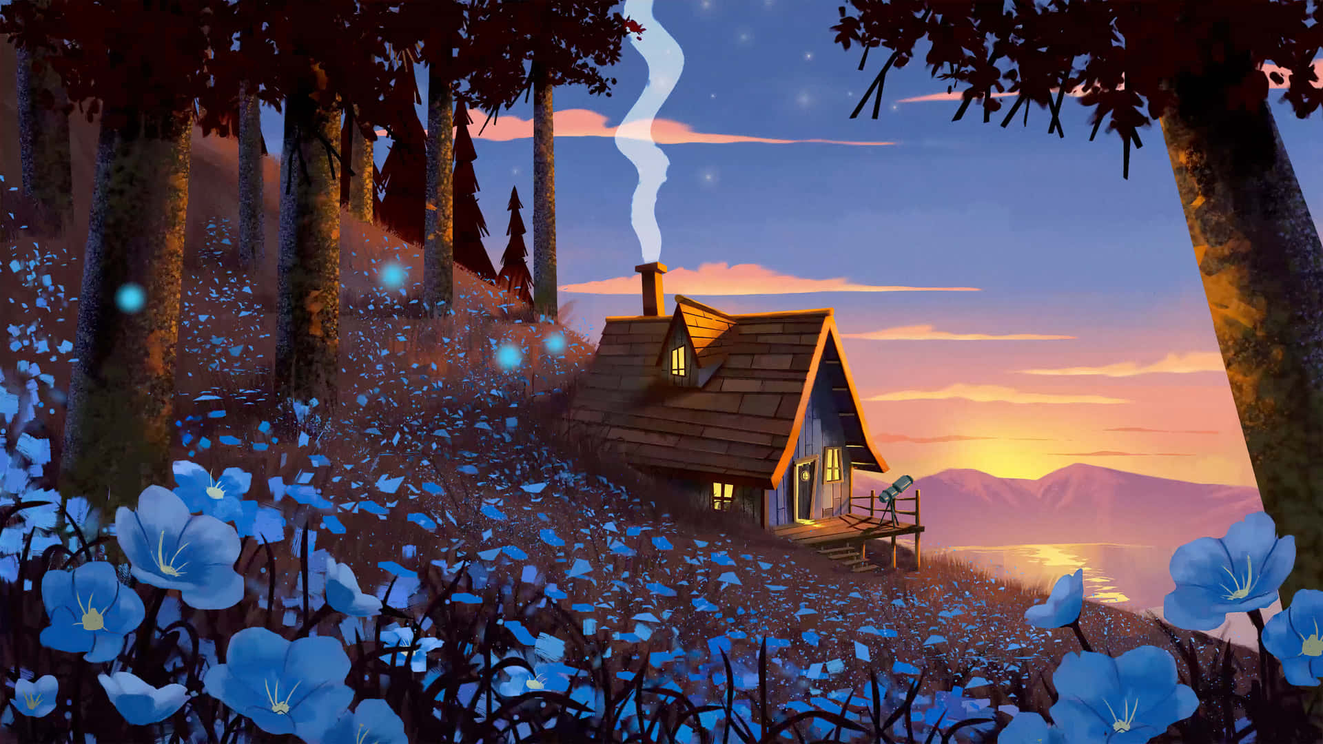 Enchanted Forest Cottageat Sunset Wallpaper