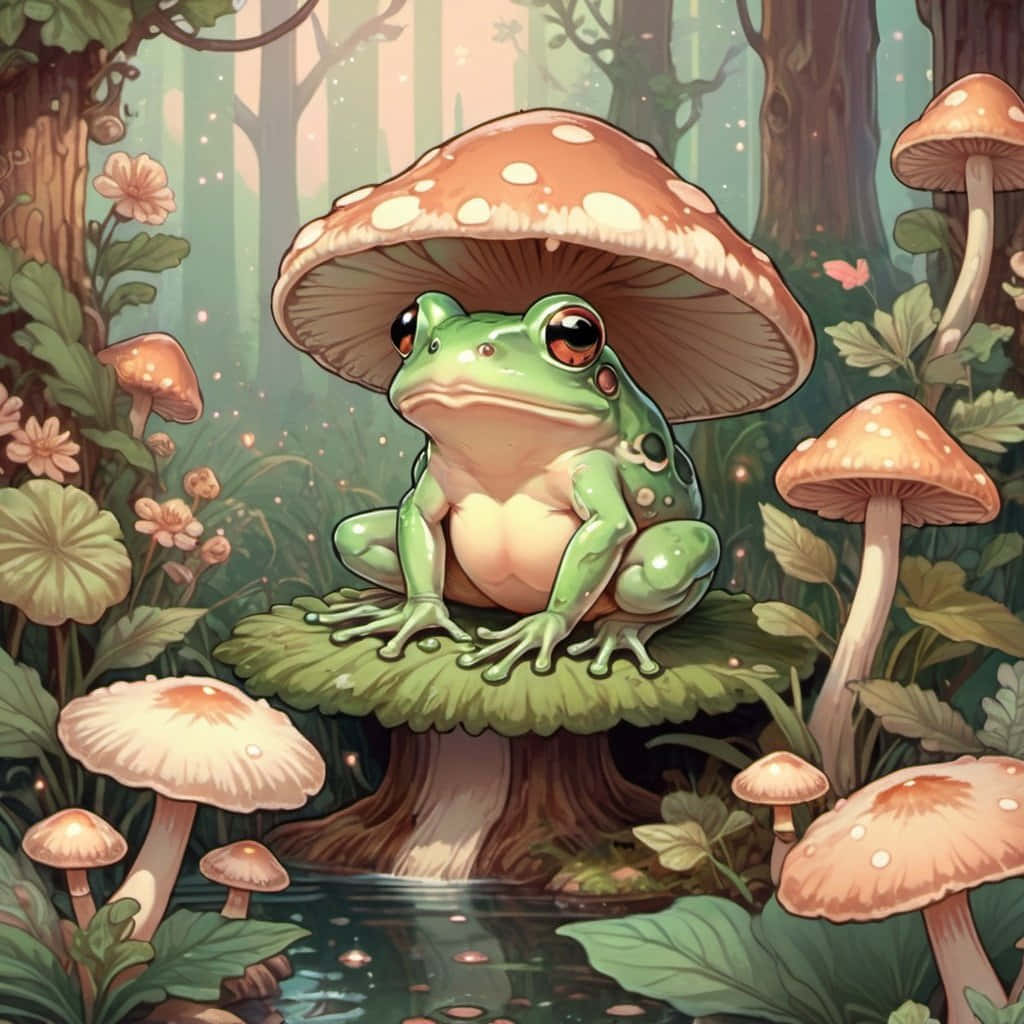 Enchanted_ Forest_ Frog_ Under_ Mushroom.jpg Wallpaper