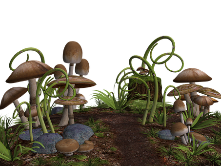 Enchanted_ Forest_ Mushrooms_3 D_ Render PNG