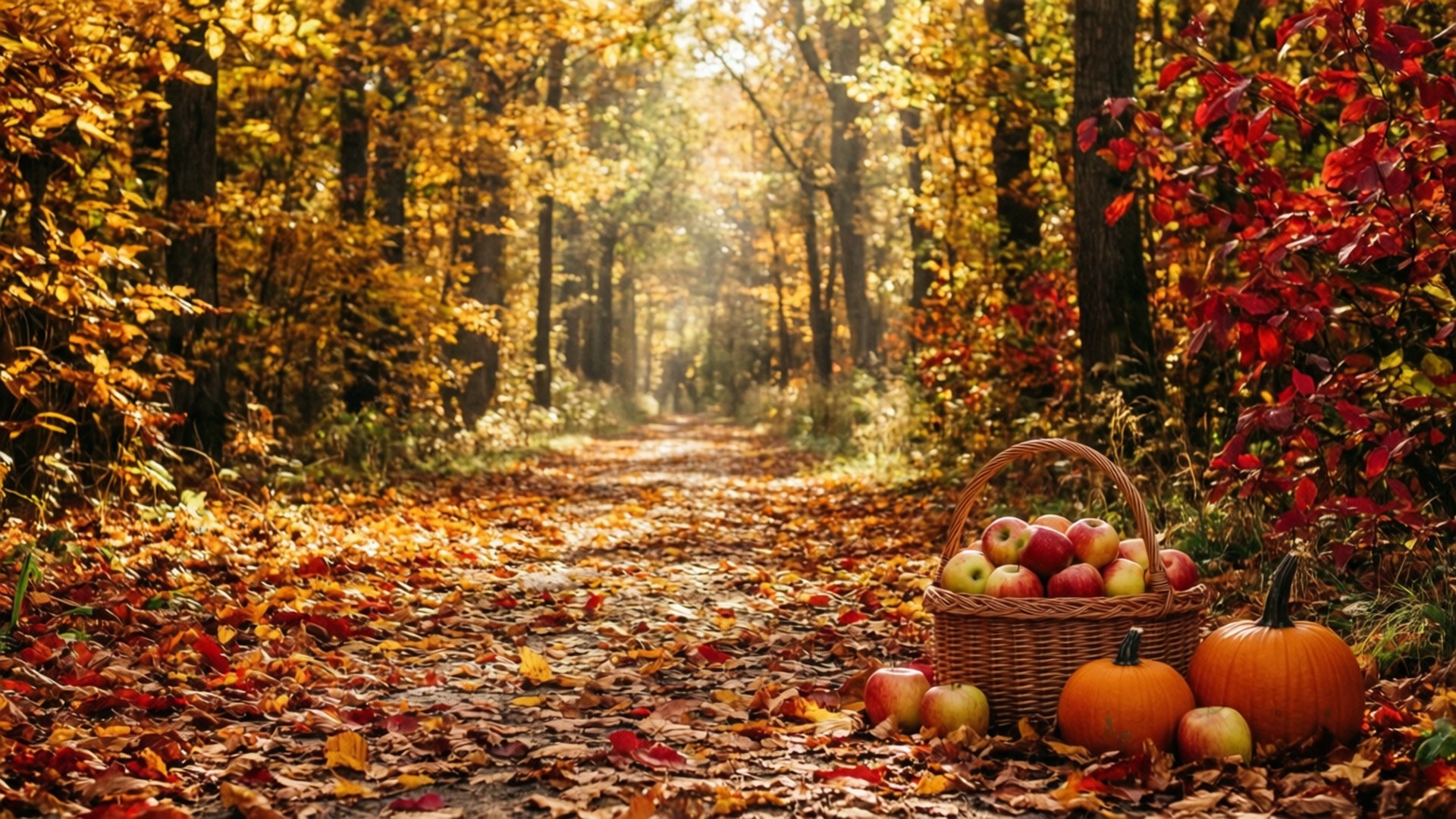 A cinematic autumn forest scene with a harvest basket