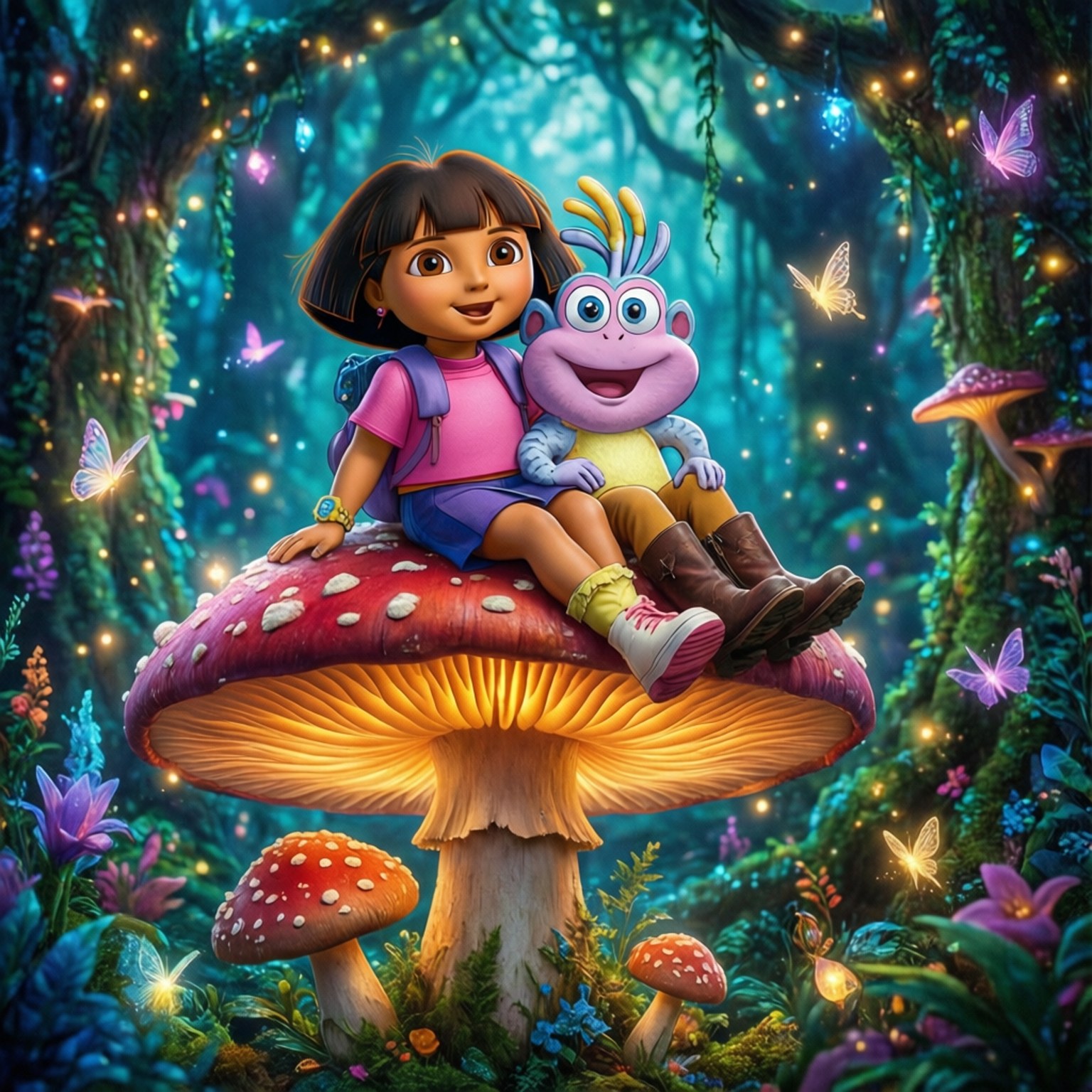 Dora og Boots tar en pause i en magisk skog.