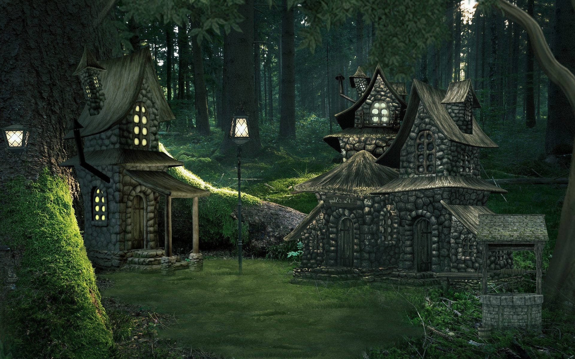 Enchanted Forest Stone Cottages Wallpaper