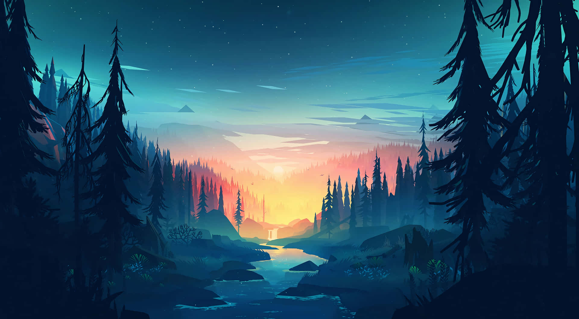 Enchanted Forest Sunset Landscape Wallpaper
