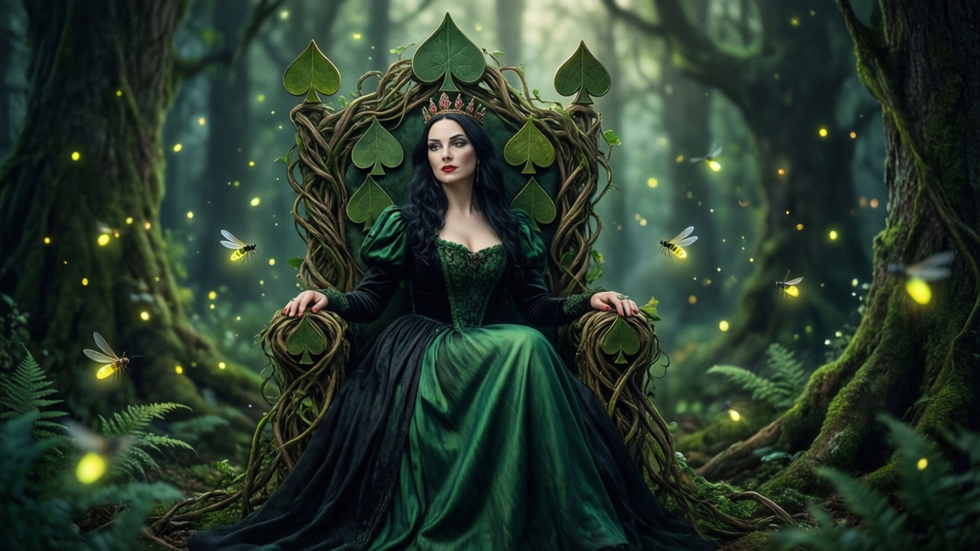Pik-Dame auf einem Weinrankenthron in einem verzauberten Wald.