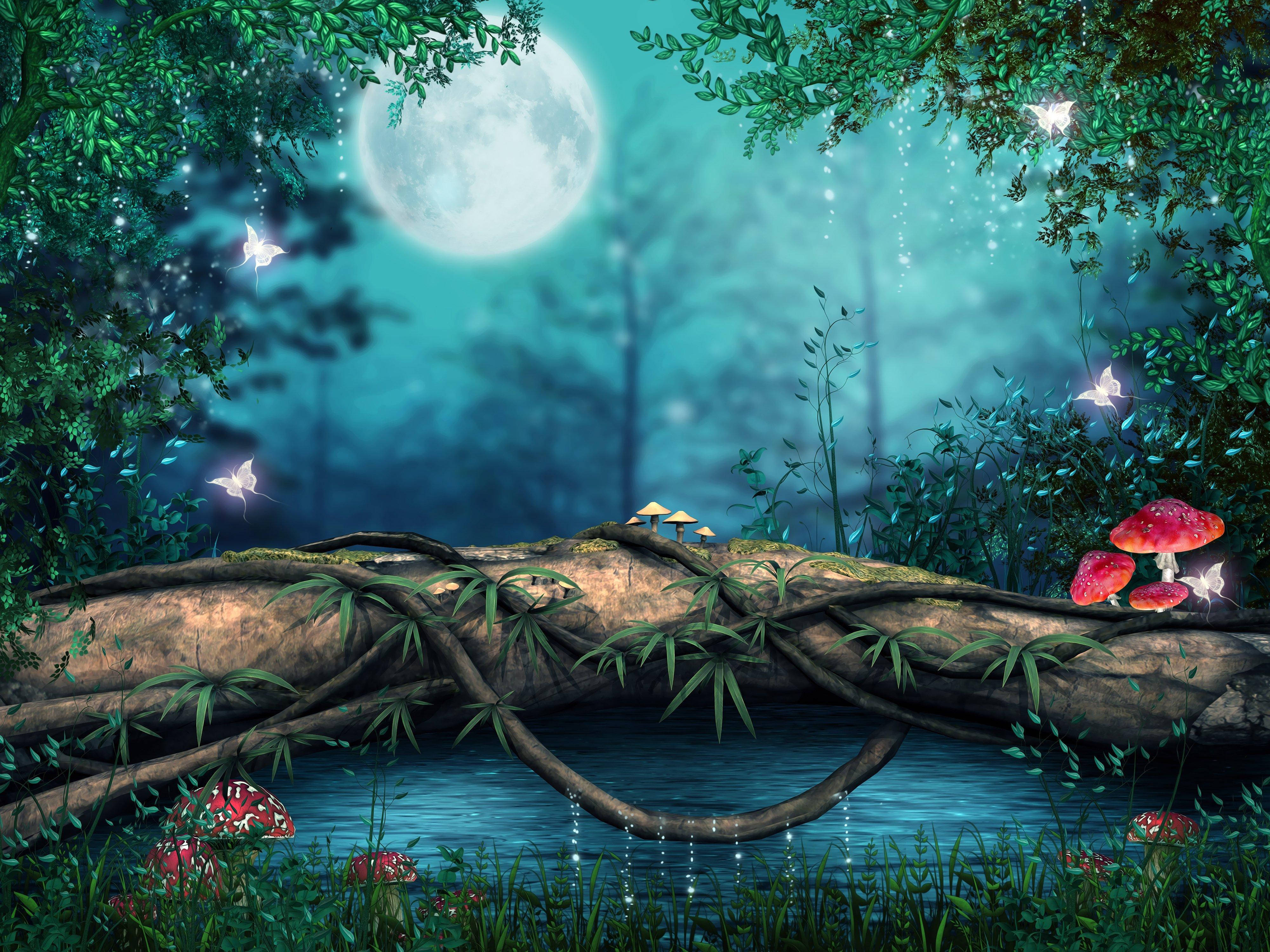 Enchanted Forest Tree Stump With Mushrooms Wallpaper