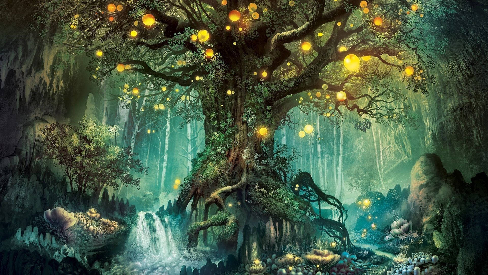 Enchanted Forest With A Giant Tree Wallpaper