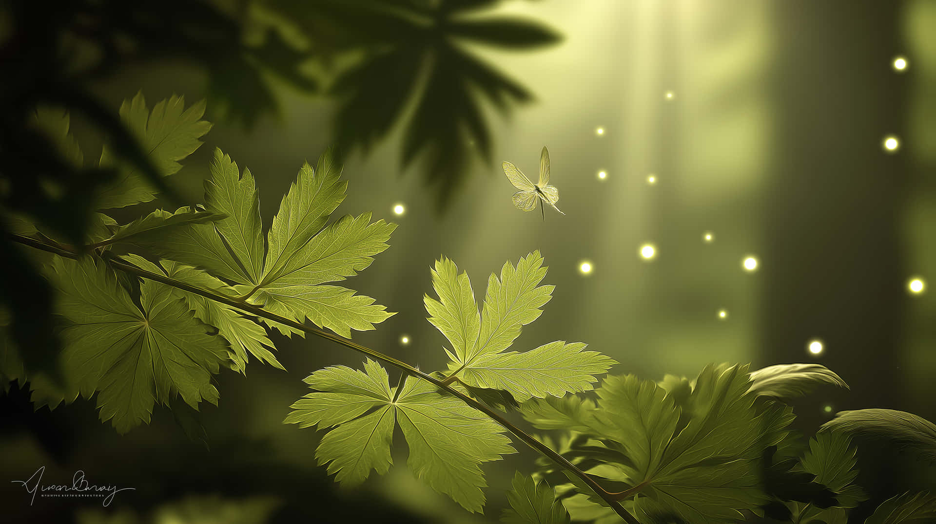 Enchanted Forest With Glowing Leaves And Butterfly Wallpaper