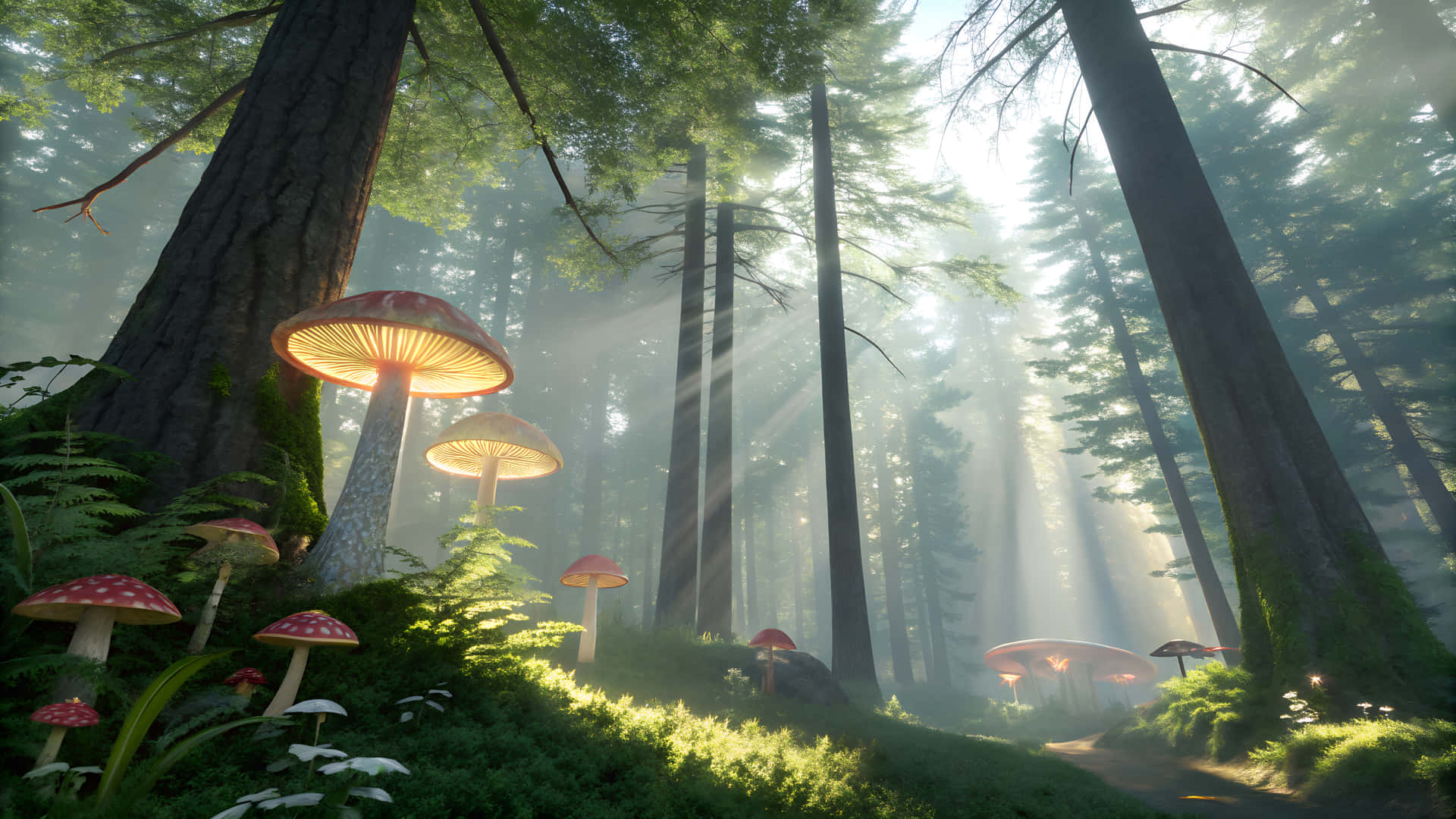 Enchanted Forest With Glowing Red Mushrooms Wallpaper