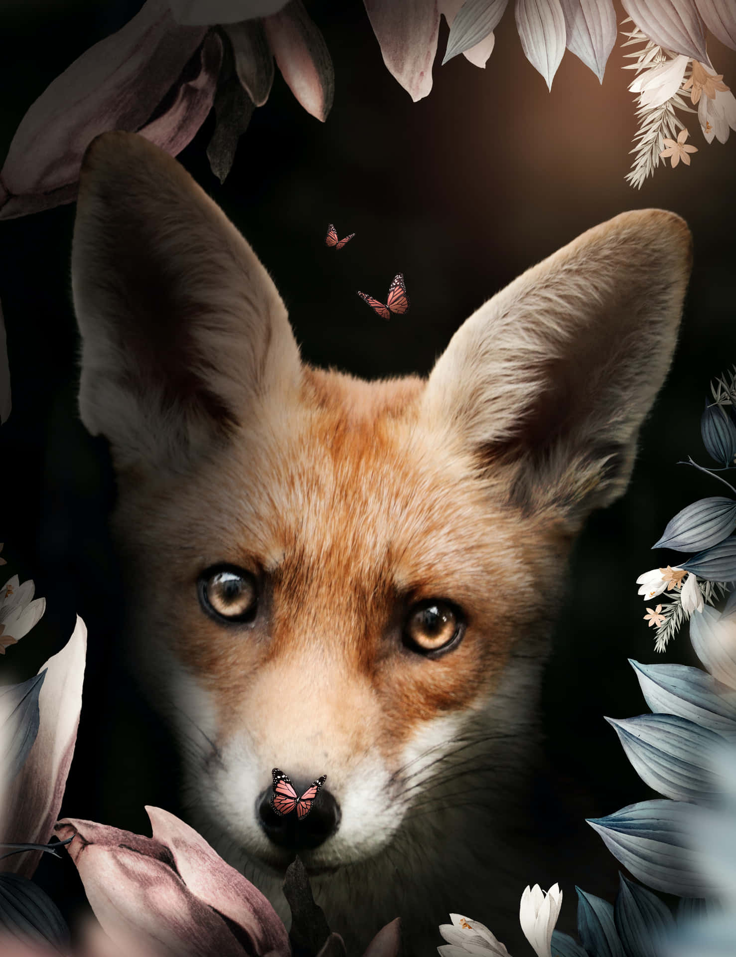 Enchanted Fox Among Flowersand Butterflies Wallpaper