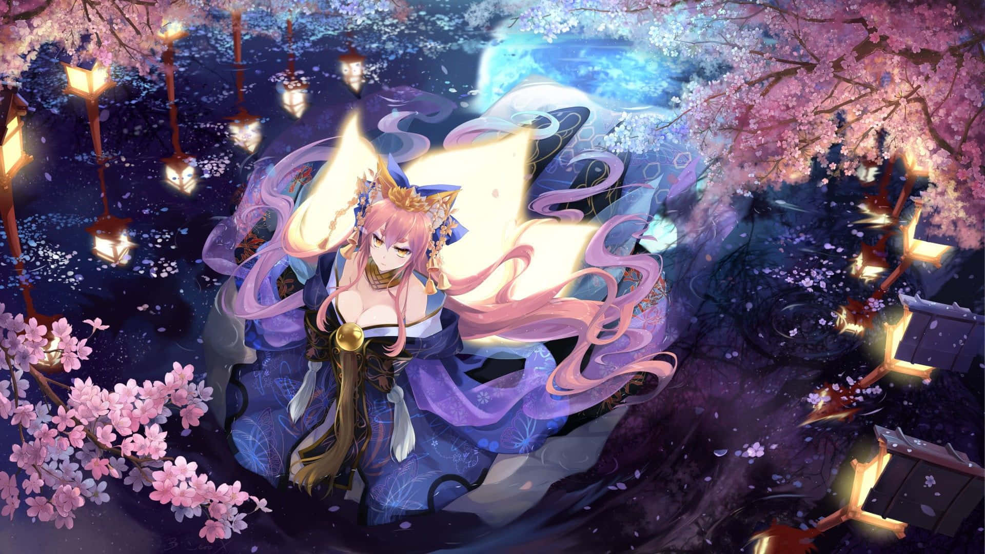 Enchanted Fox Spirit Night Blossoms Wallpaper