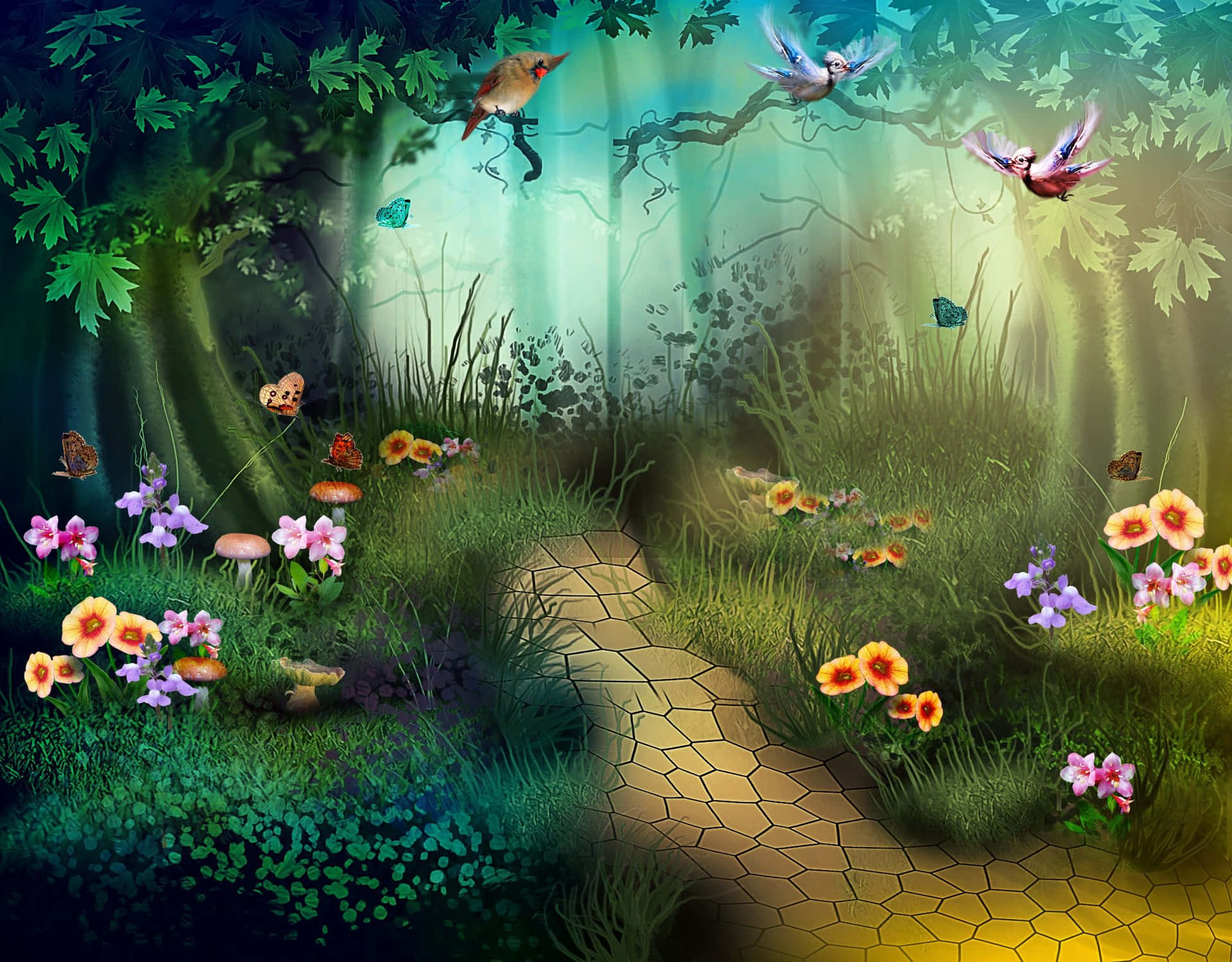 Enchanted Garden with Vibrant Flowers and Stepping Stones Wallpaper