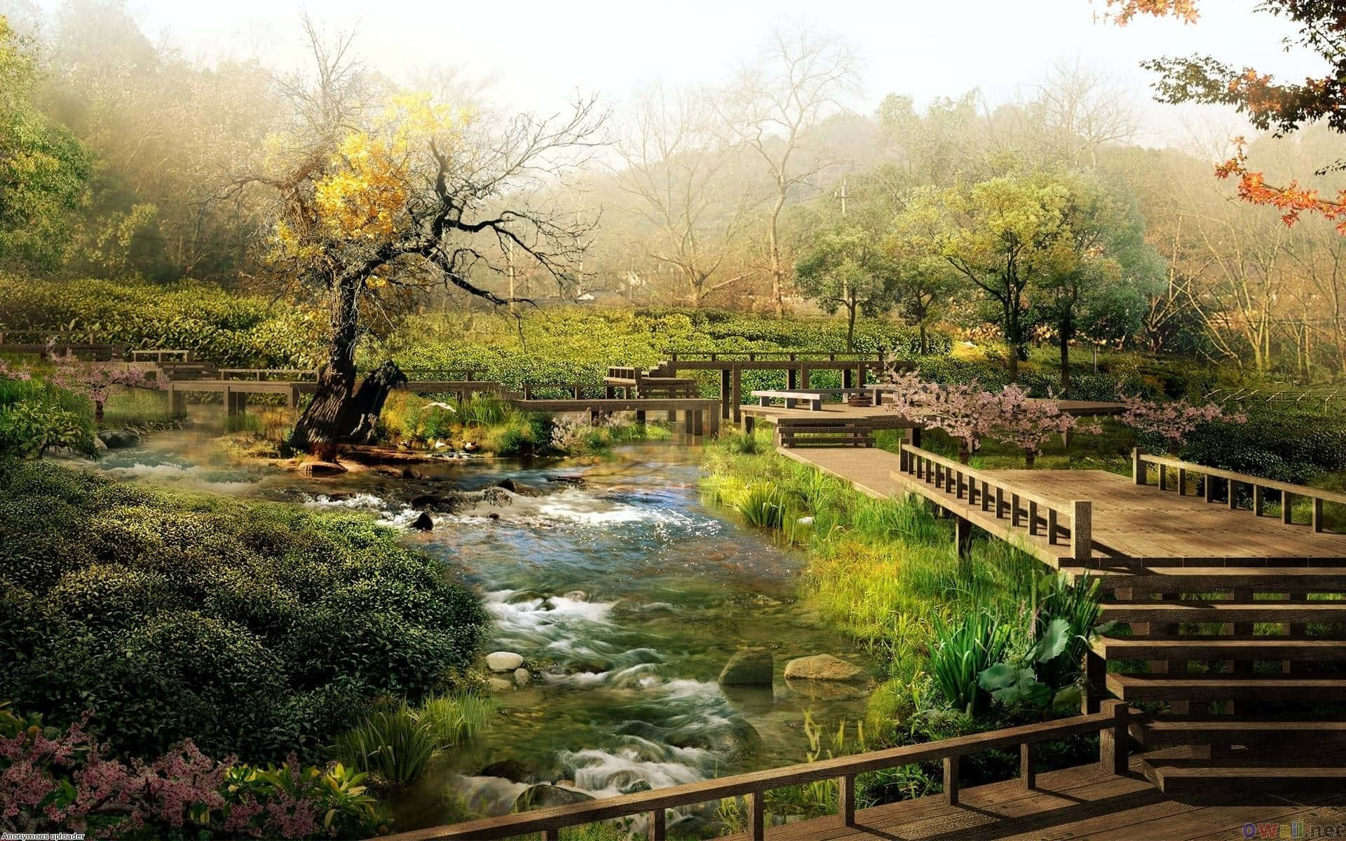 Enchanted Garden Stream Bridge Wallpaper