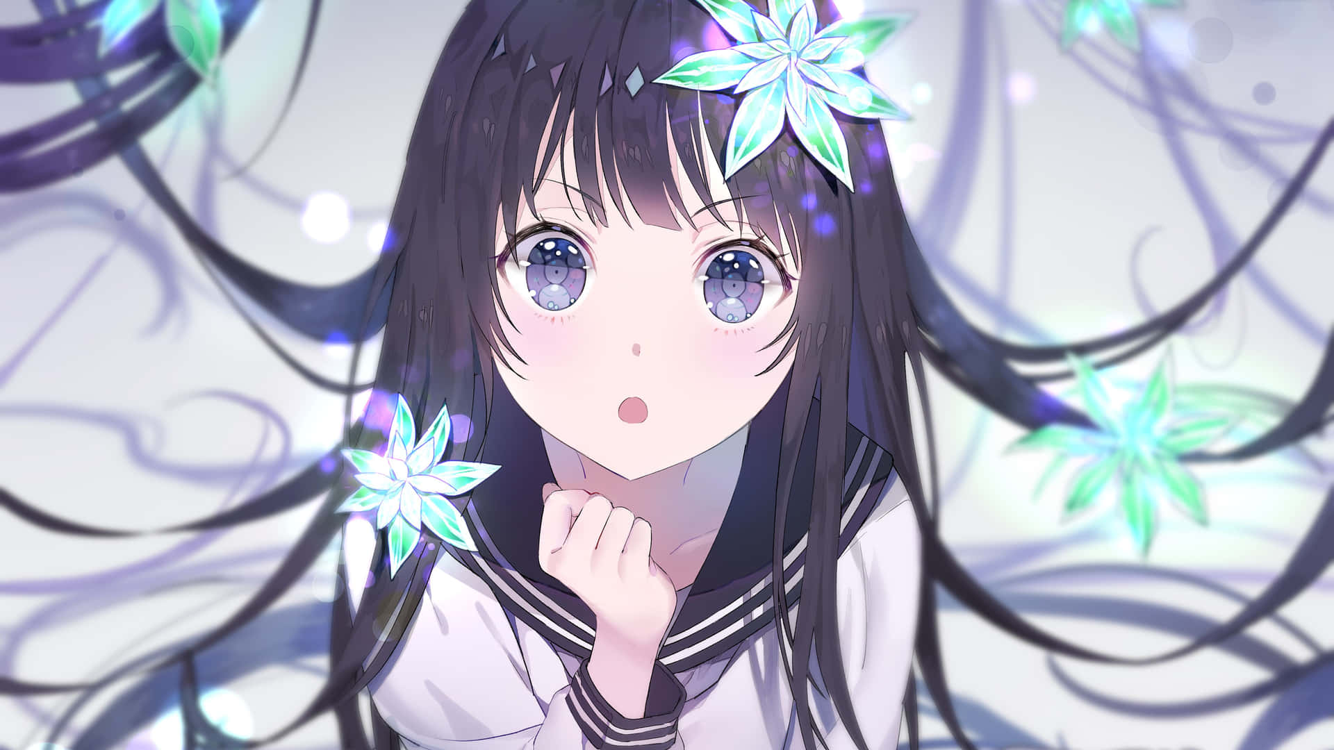 Enchanted_ Gaze_ Anime_ Girl_with_ Flowers Wallpaper