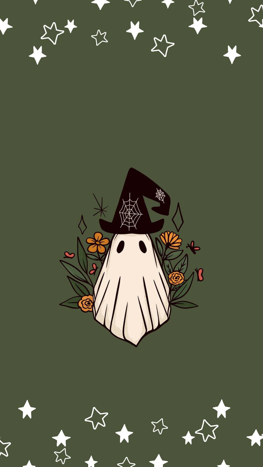 Enchanted Ghost Witch Hat Floral Design Wallpaper