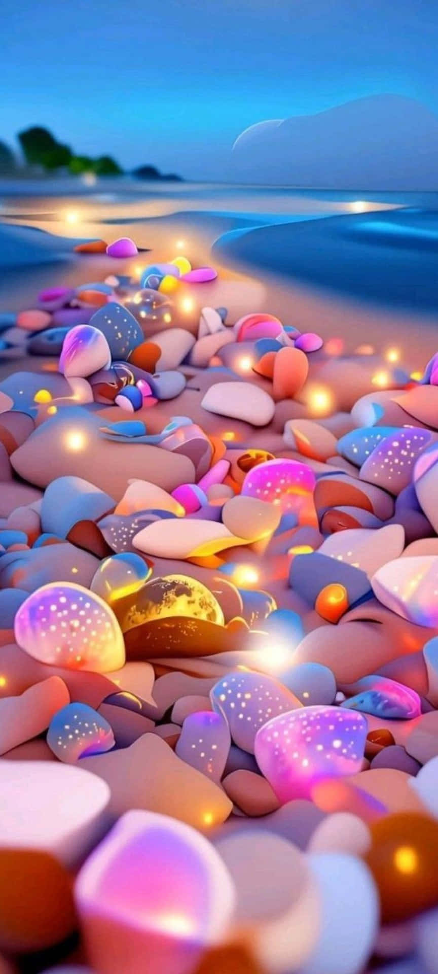 Enchanted Glowing Stones Beach Night Wallpaper