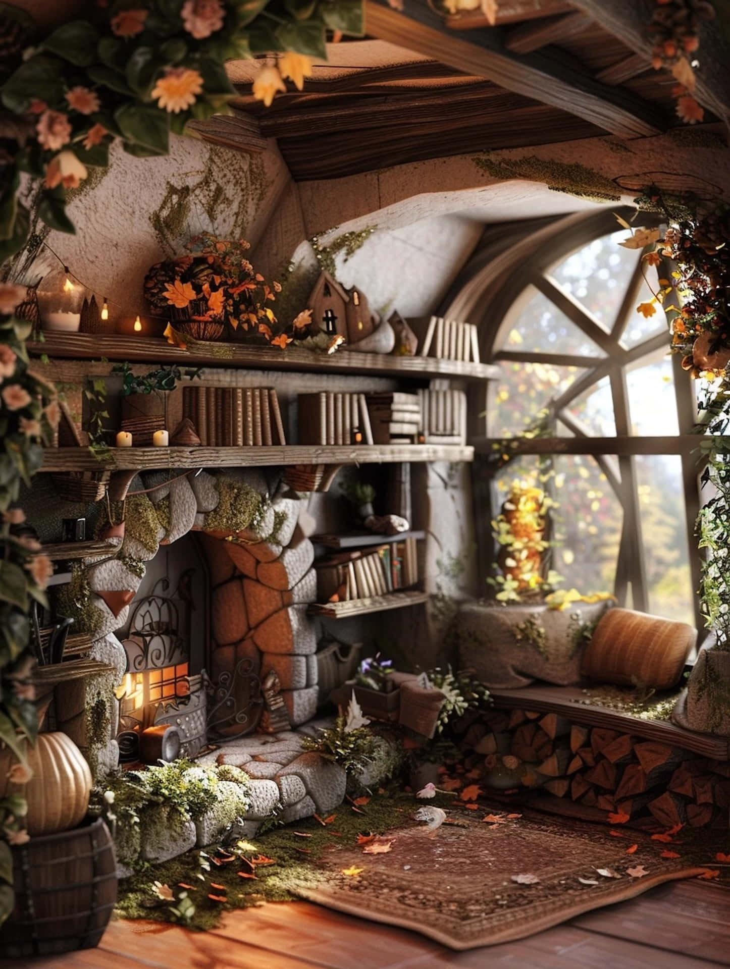 Enchanted Goblincore Cottage Interior Wallpaper