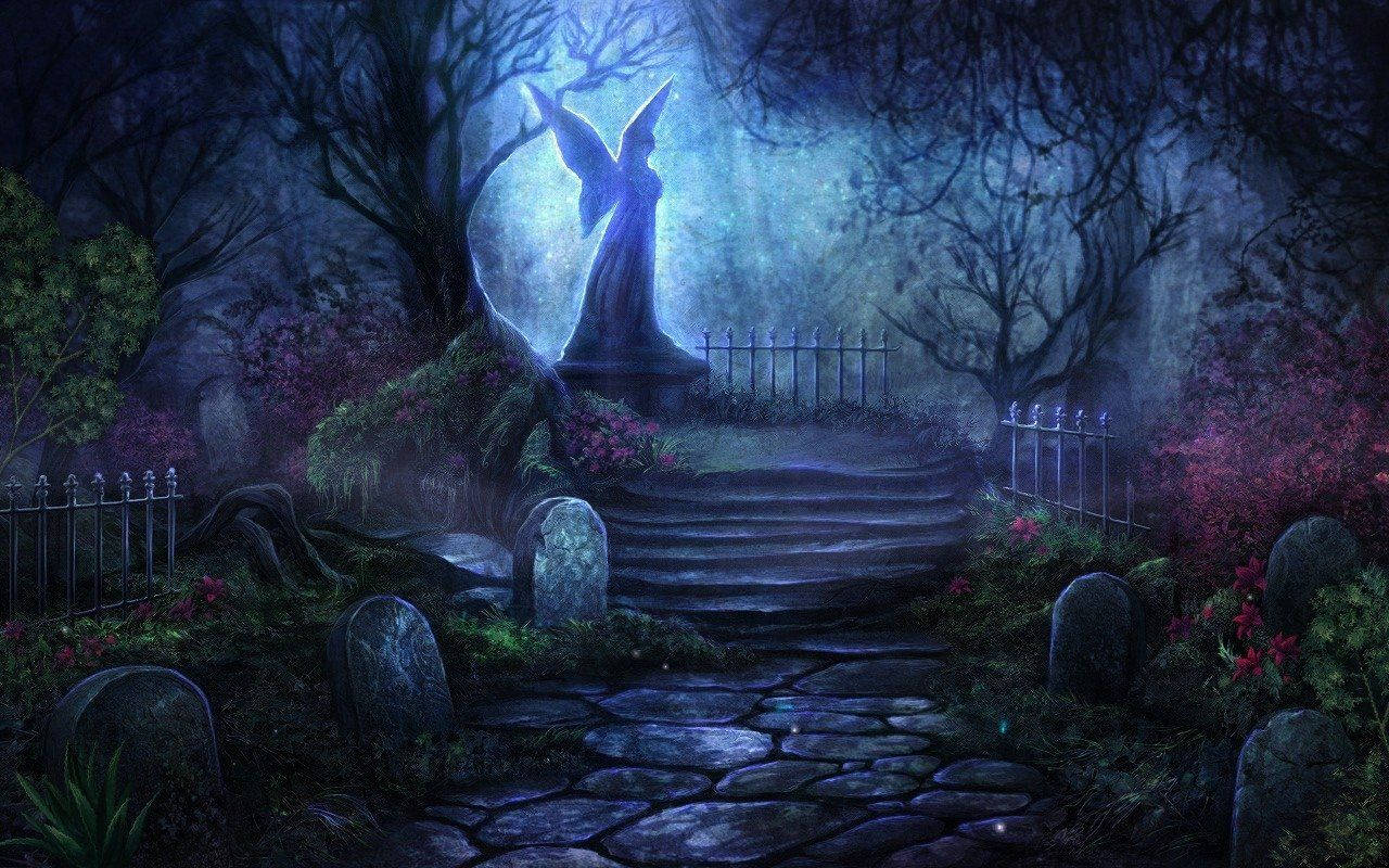 Enchanted Graveyard With Fairy Statue Wallpaper