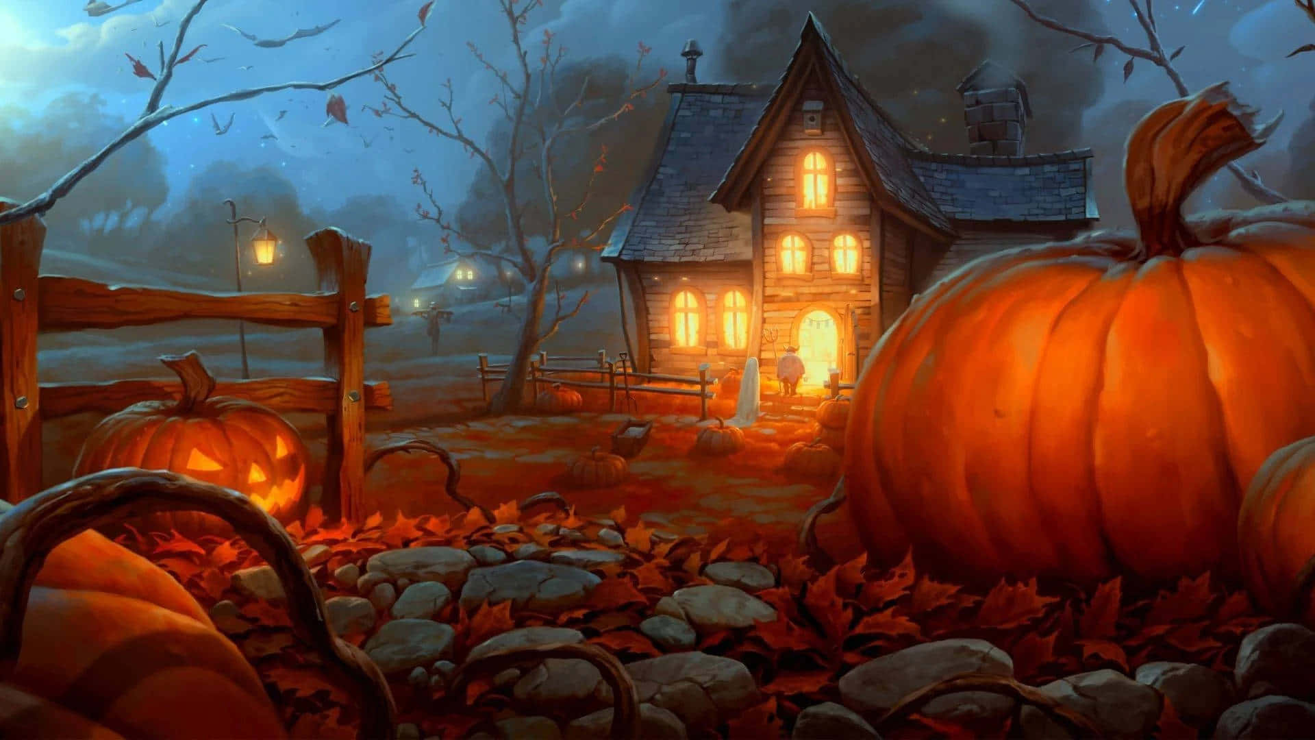 Enchanted Halloween Cottage Night Wallpaper