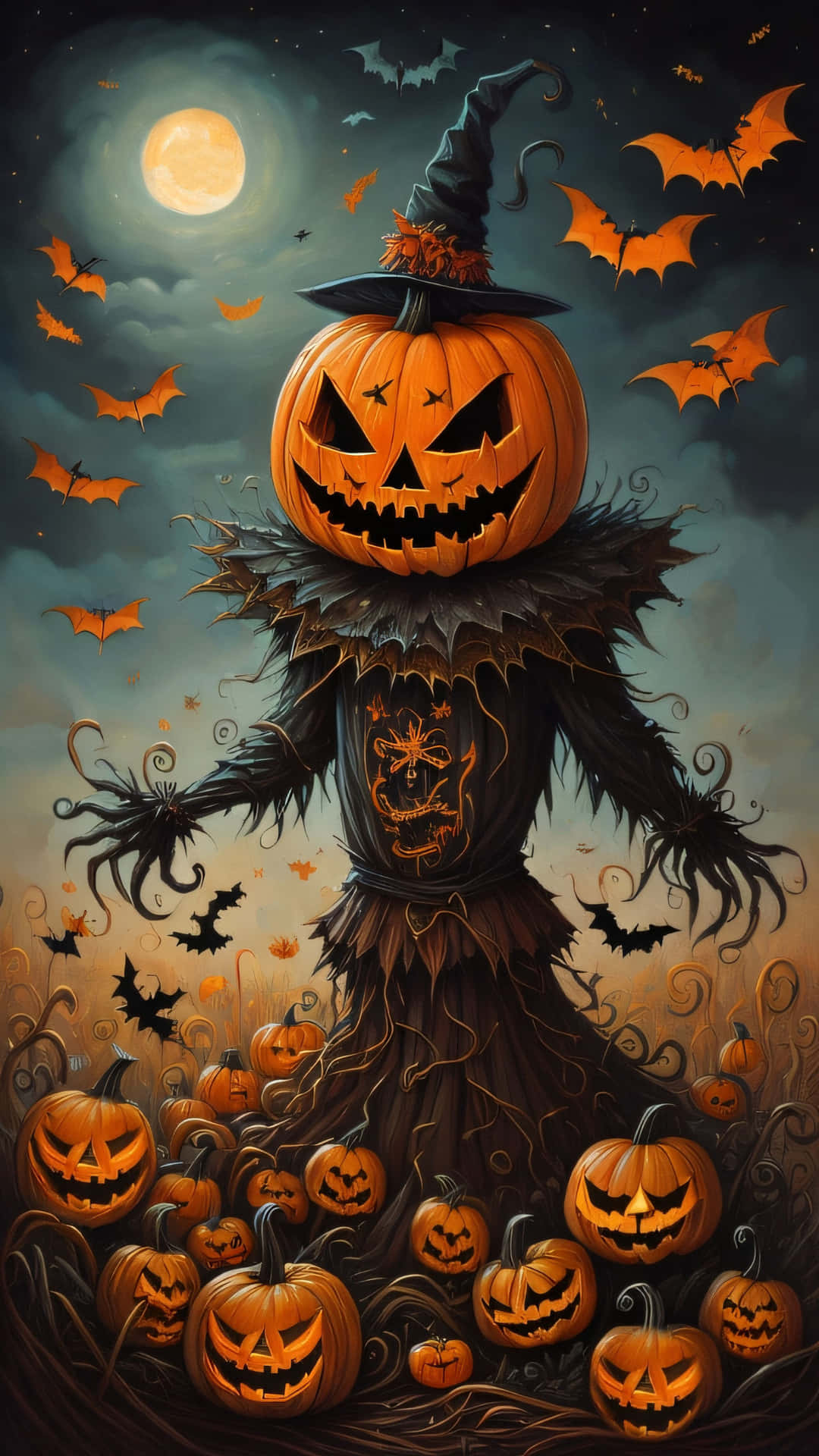 Enchanted Halloween Scarecrow Jack O Lanterns Wallpaper