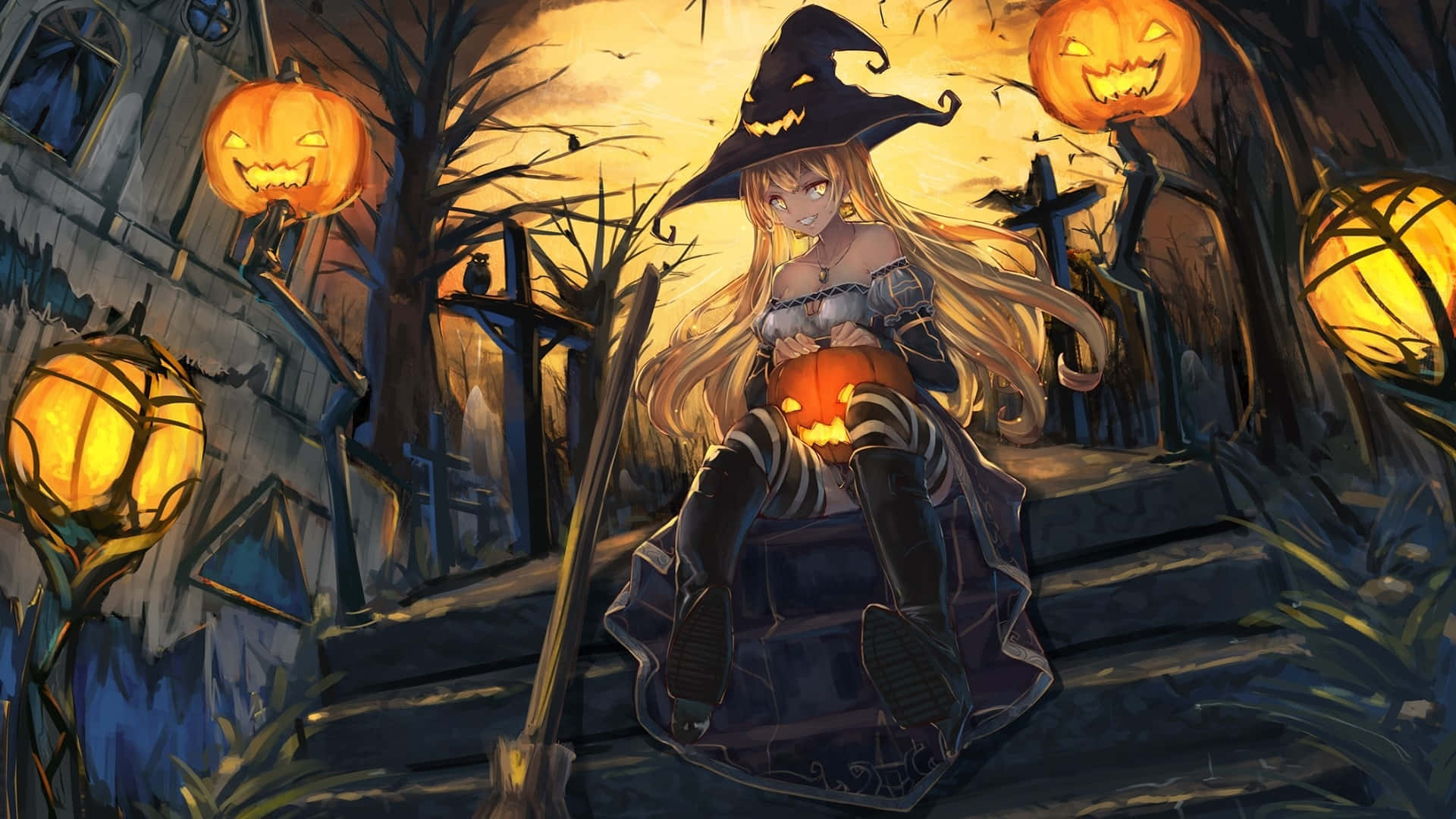 Enchanted Halloween Witch Anime Artwork Wallpaper
